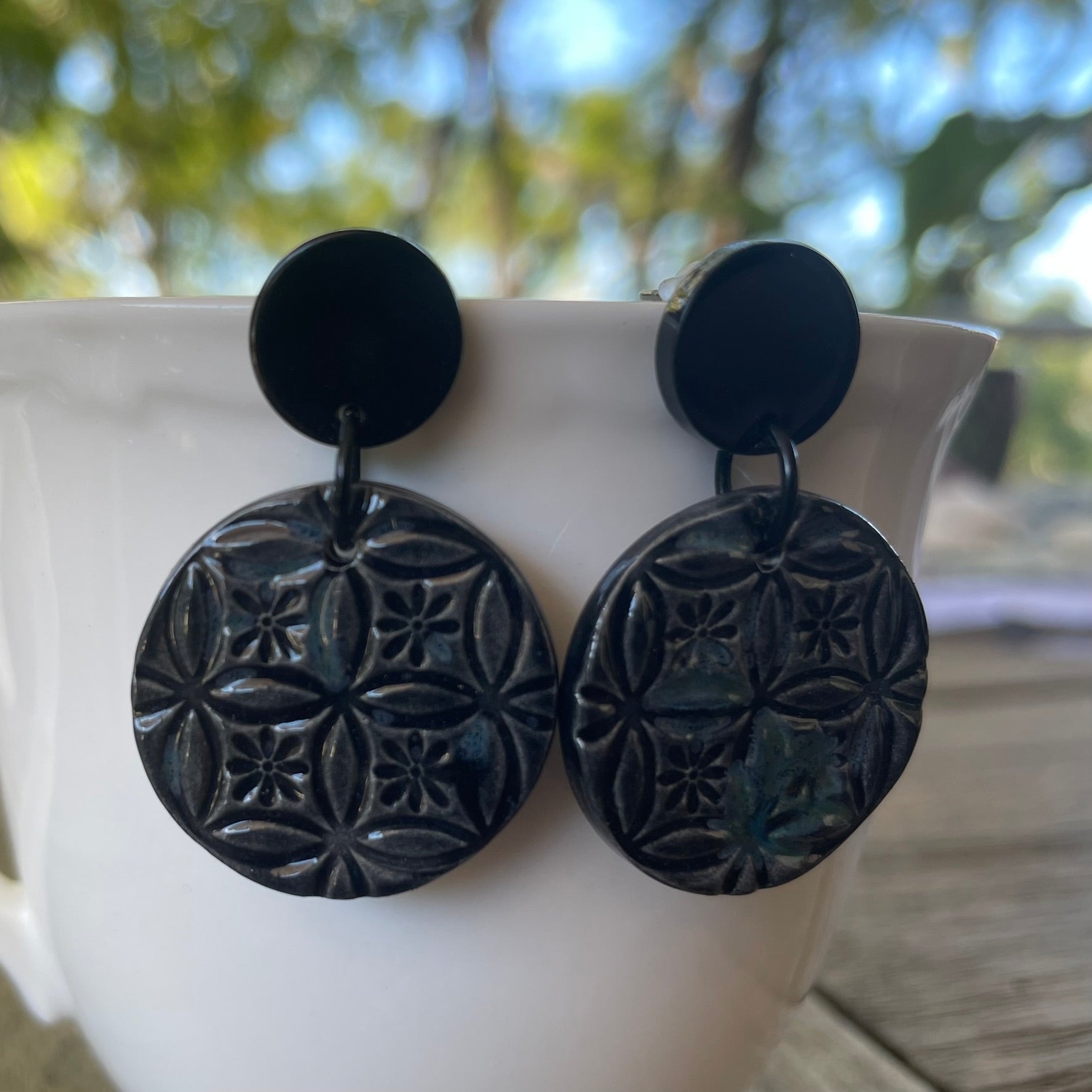 Earrings Black and blue ceramic round textured