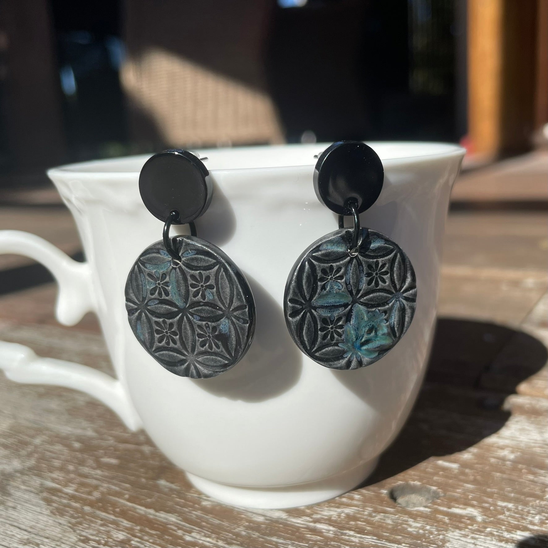 Earrings Black and blue ceramic round textured