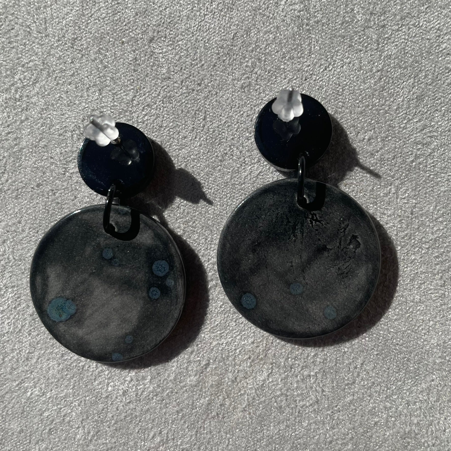 Earrings Black and blue ceramic round textured