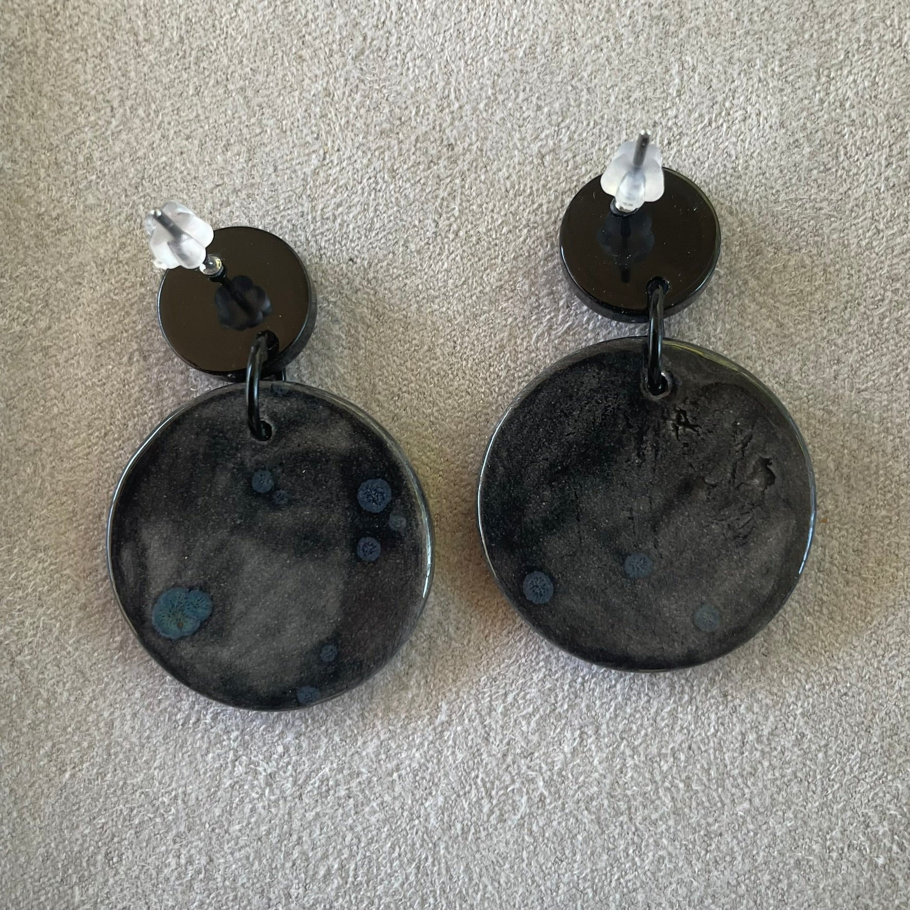 Earrings Black and blue ceramic round textured