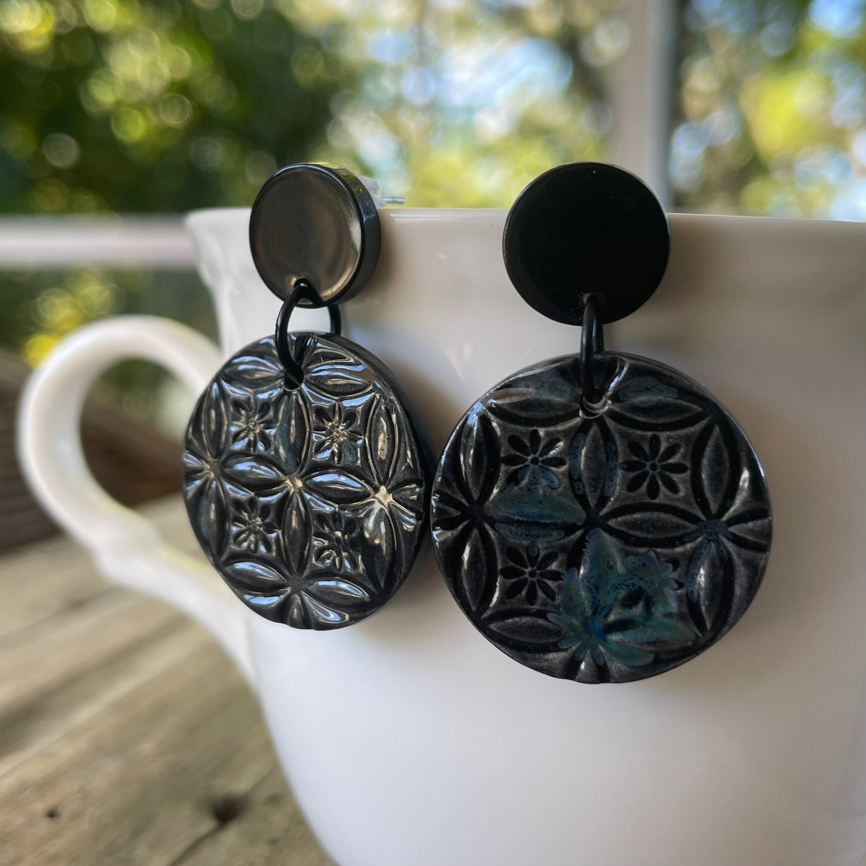 Earrings Black and blue ceramic round textured