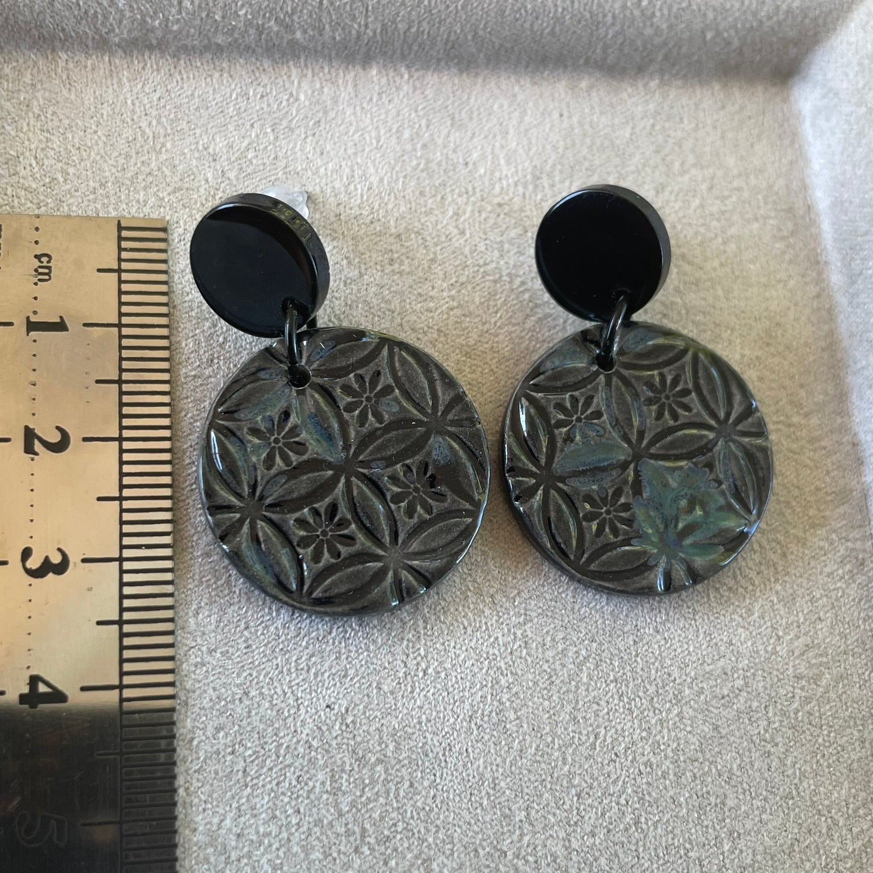 Earrings Black and blue ceramic round textured