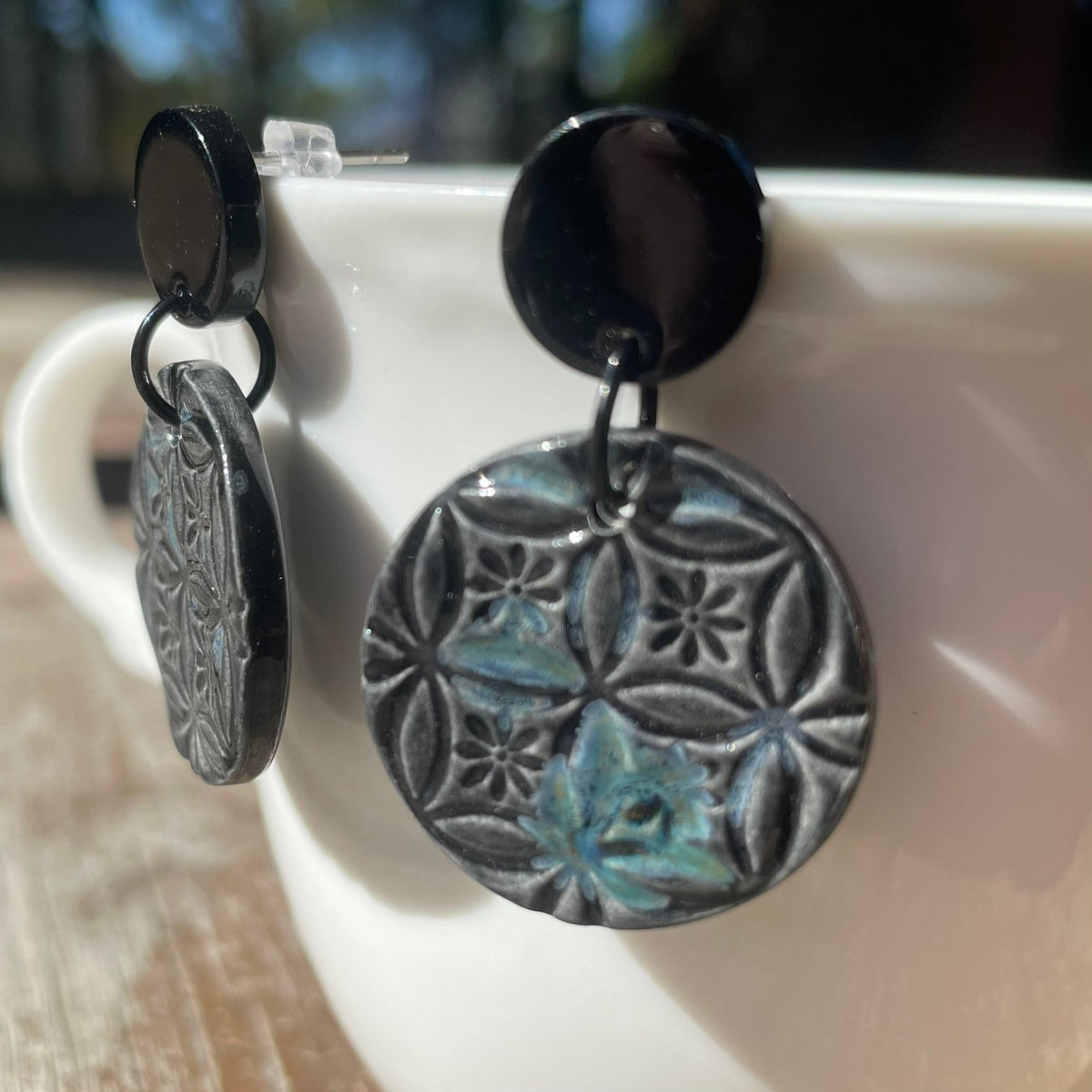 Earrings Black and blue ceramic round textured