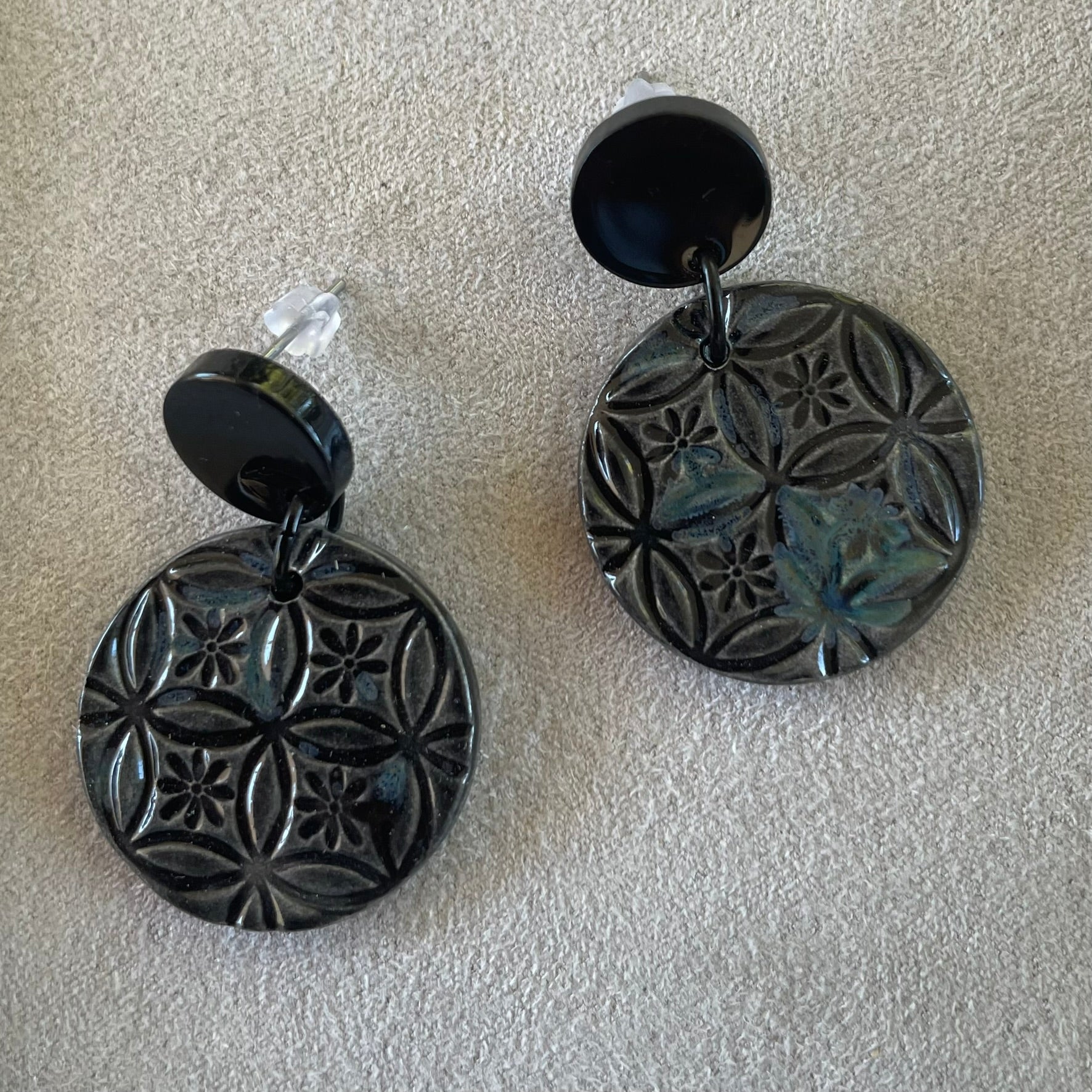 Earrings Black and blue ceramic round textured