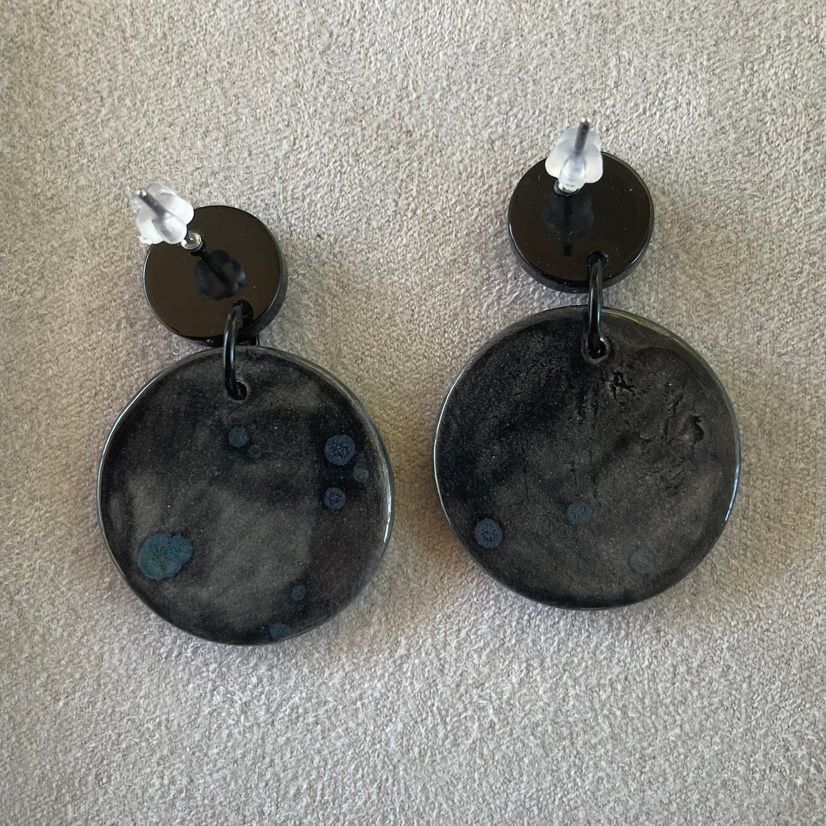 Earrings Black and blue ceramic round textured