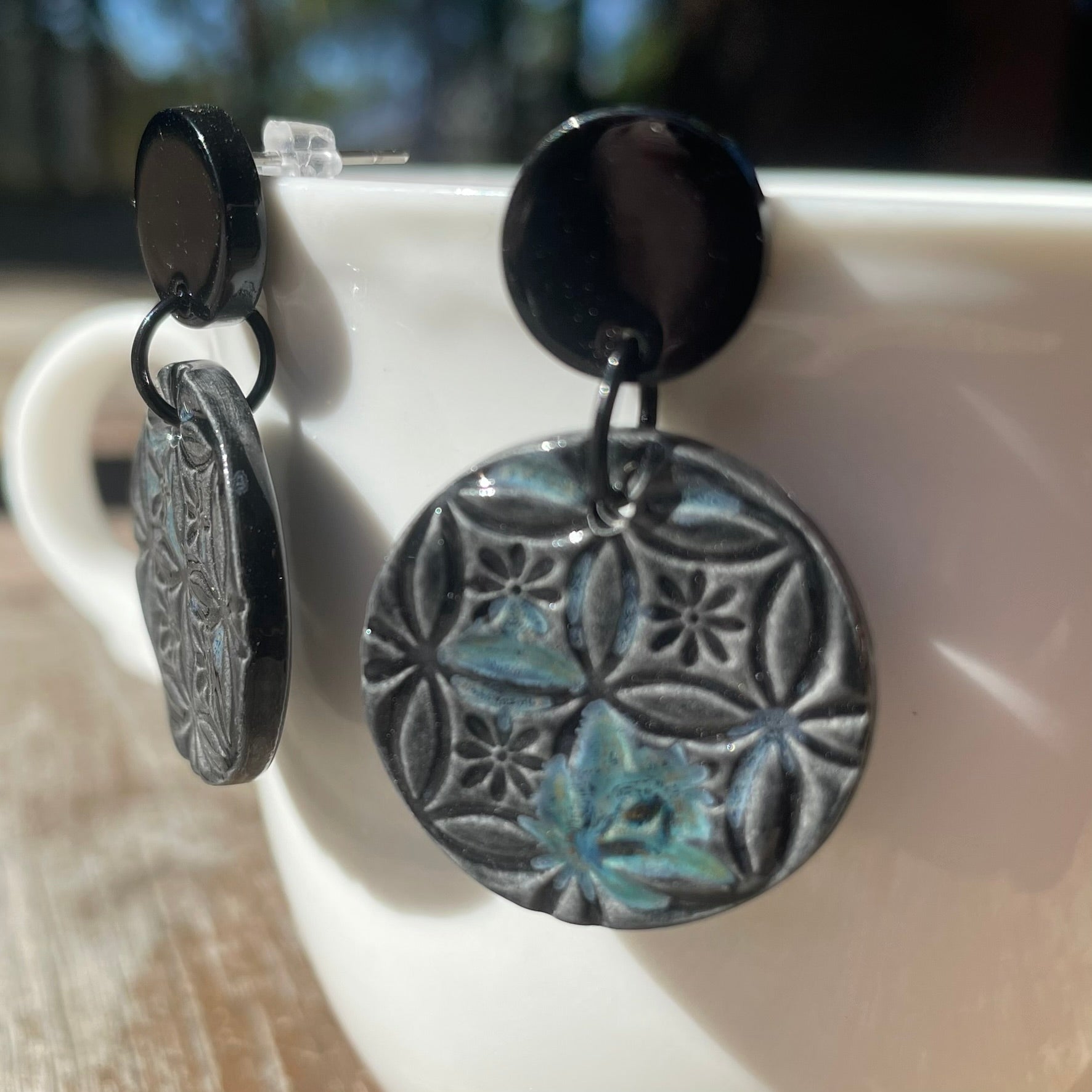 Earrings Black and blue ceramic round textured