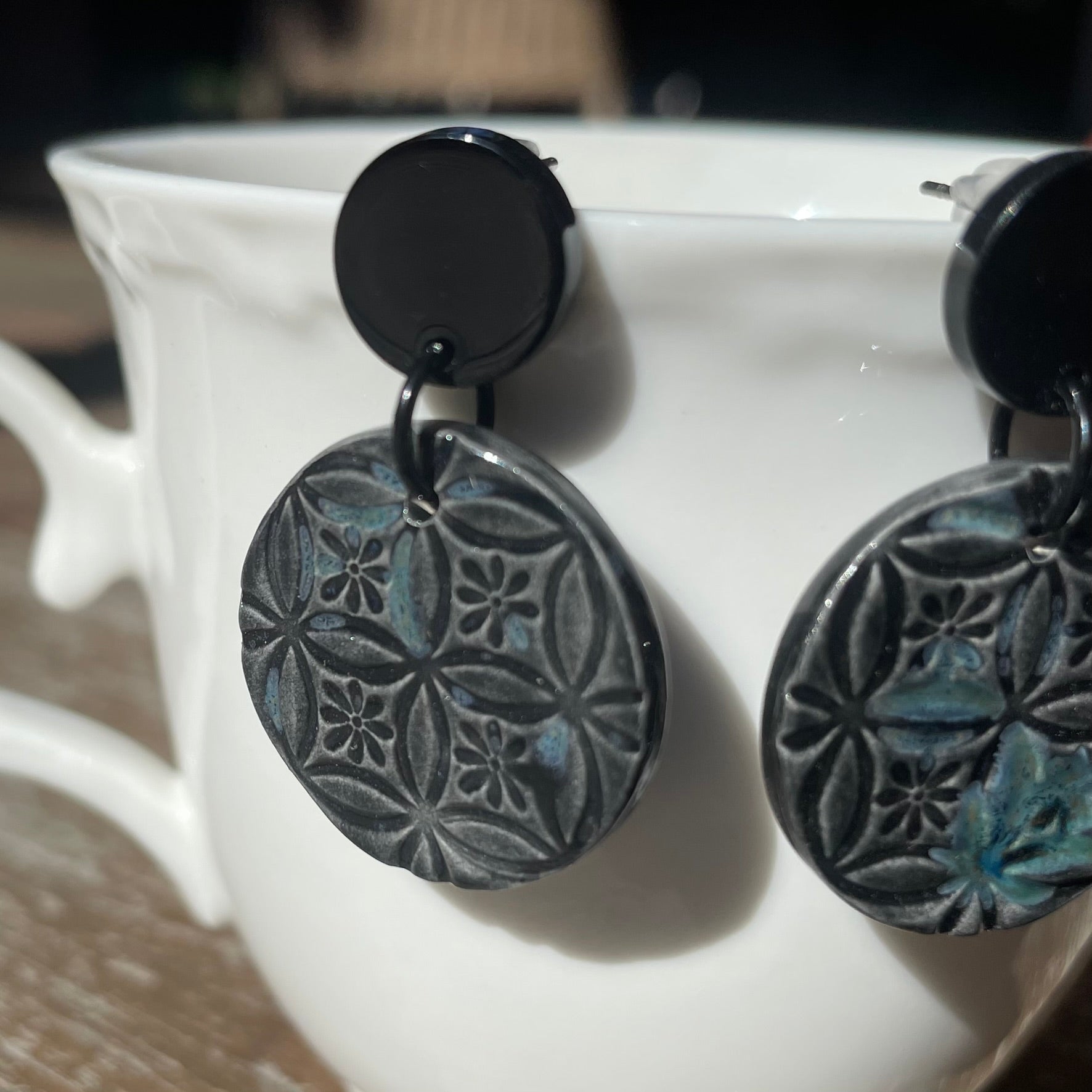 Earrings Black and blue ceramic round textured