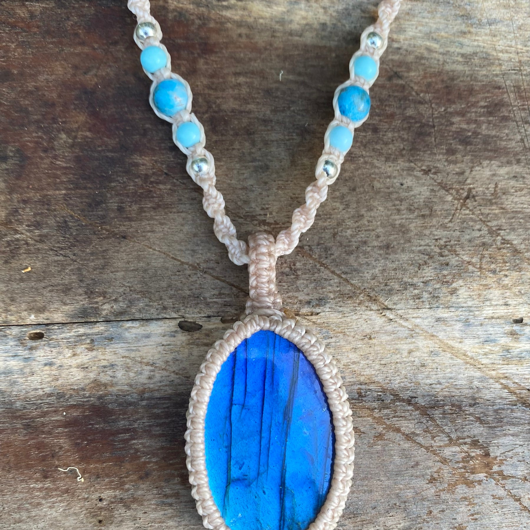 Blue Flash Labradorite Pendant: Beaded Macrame necklace, Adjustable Boho