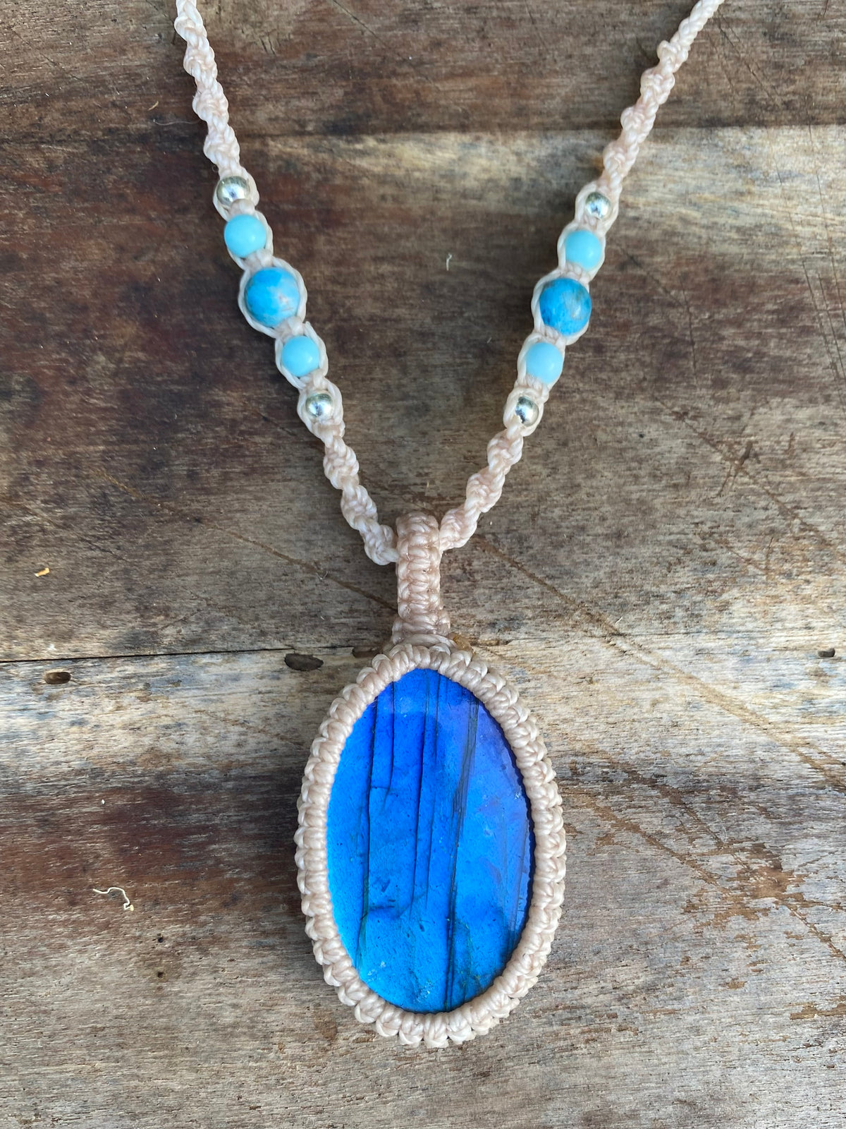 Blue Flash Labradorite Pendant: Beaded Macrame necklace, Adjustable Boho