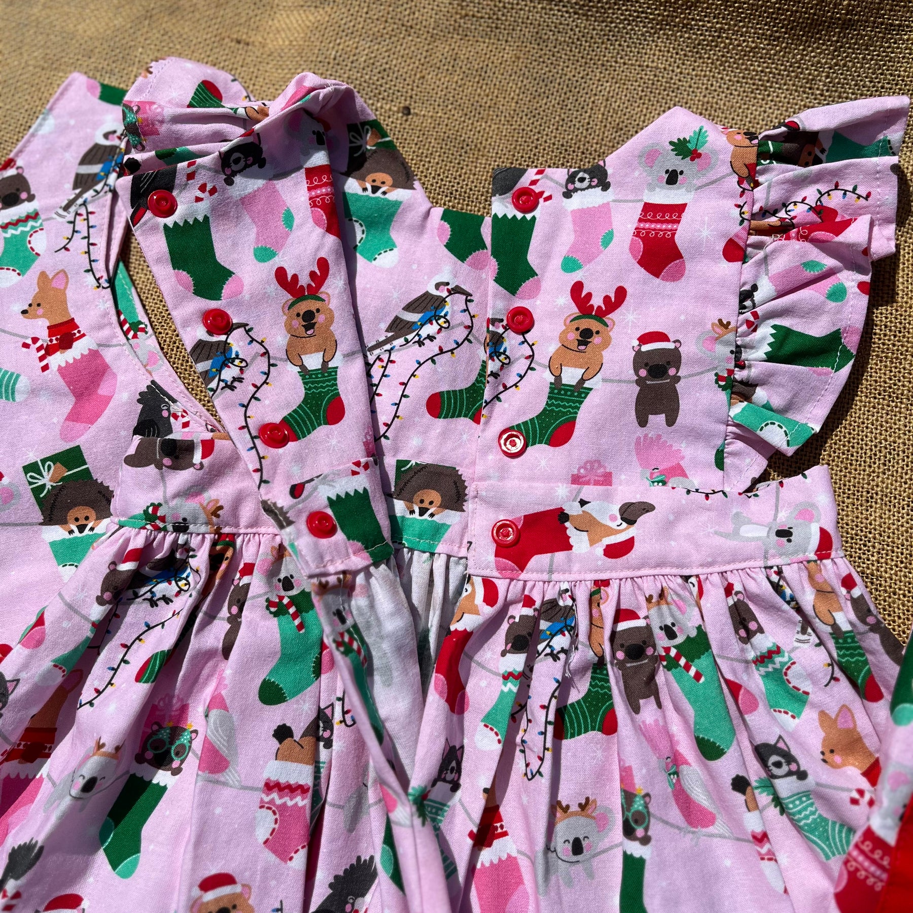 Christmas Pinafore Dress | Handmade Toddler Girls Outfit | Aussie Animals in Stockings