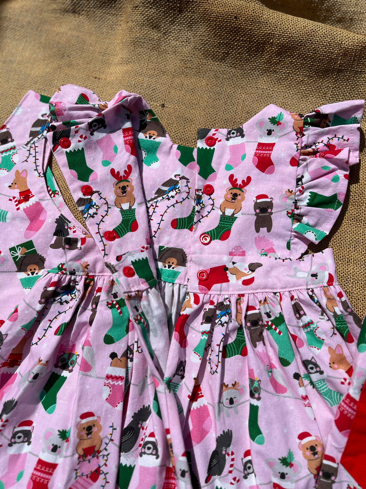 Christmas Pinafore Dress | Handmade Toddler Girls Outfit | Aussie Animals in Stockings