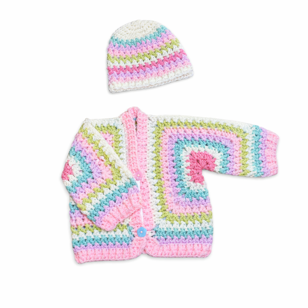 MAISIE Multi Coloured Criss Cross Hexi Baby Cardigan and Beanie Set