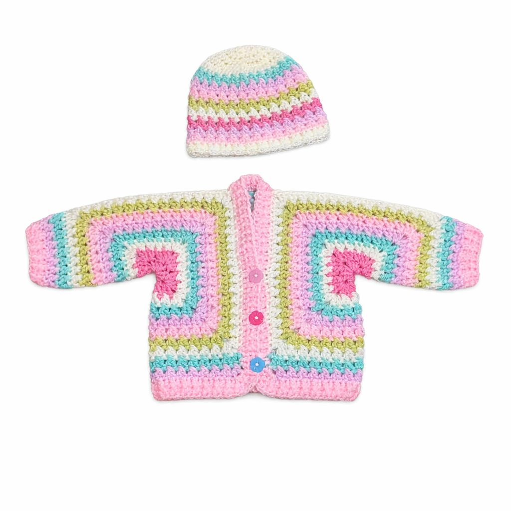 MAISIE Multi Coloured Criss Cross Hexi Baby Cardigan and Beanie Set