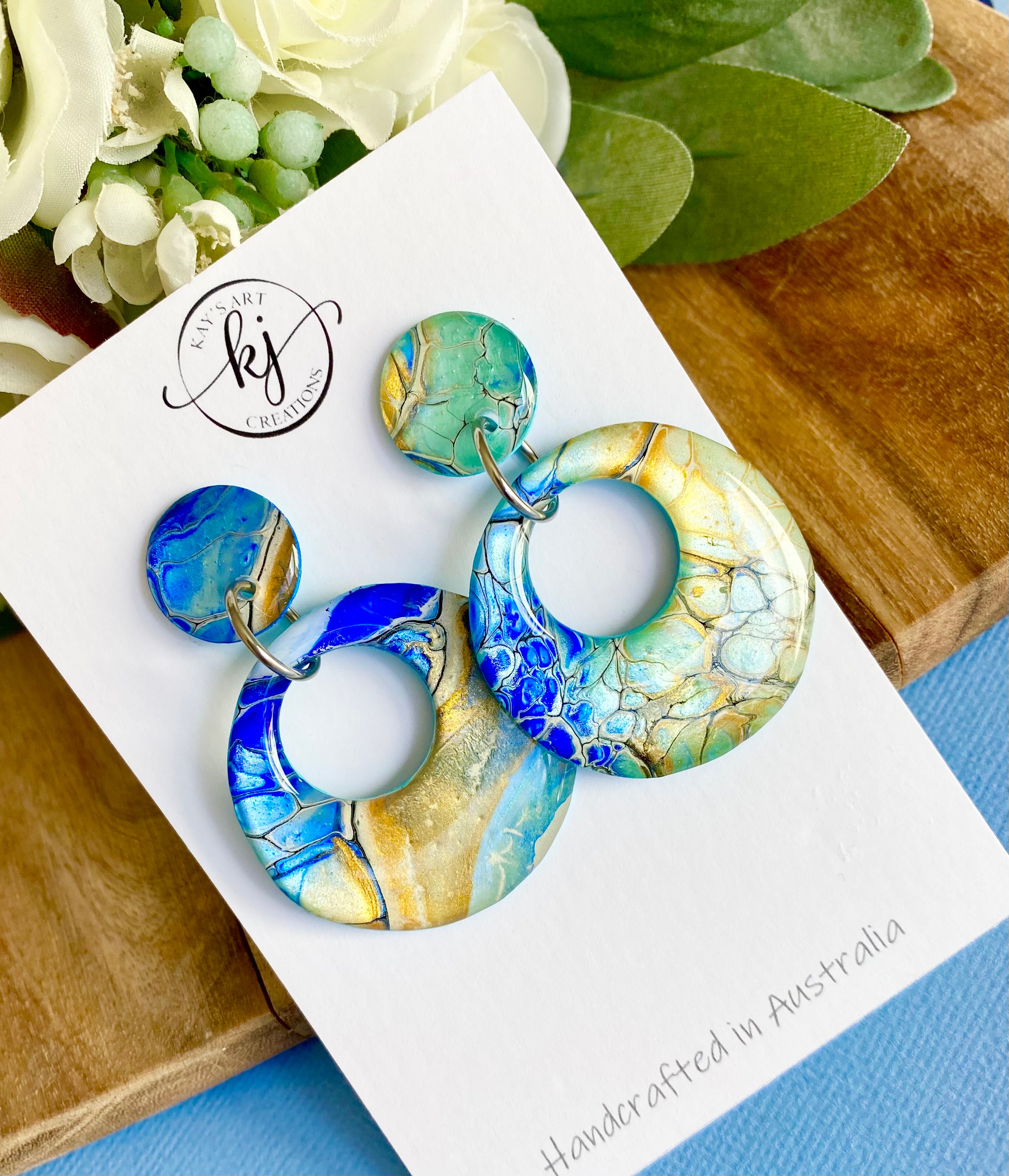 Hand Painted Turquoise Ultramarine Stud Dangle Earrings