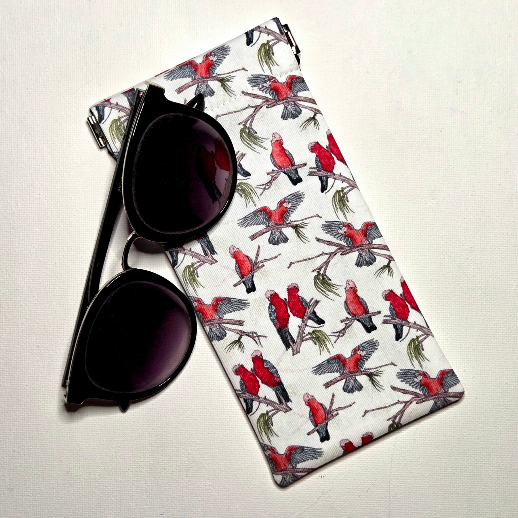 Sunglasses Pouch in pink and grey galah fabric