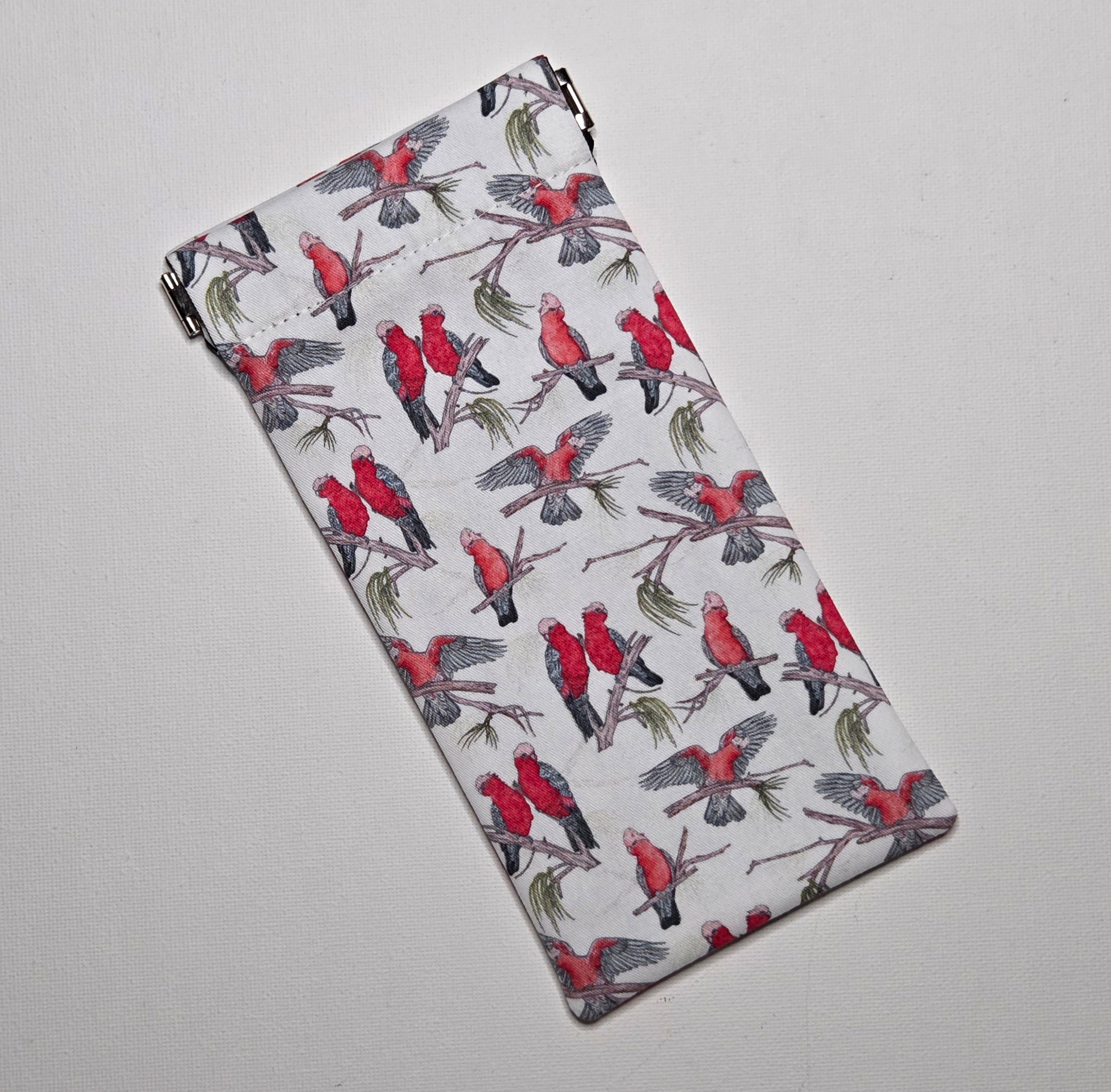 Sunglasses Pouch in pink and grey galah fabric