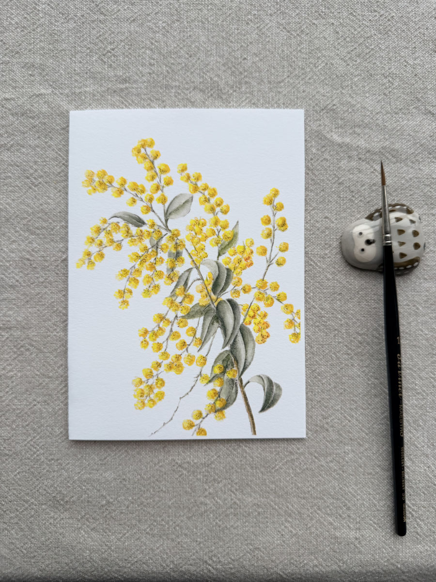 Golden Wattle Botanical Art Card - Handmade Watercolor Greeting Card