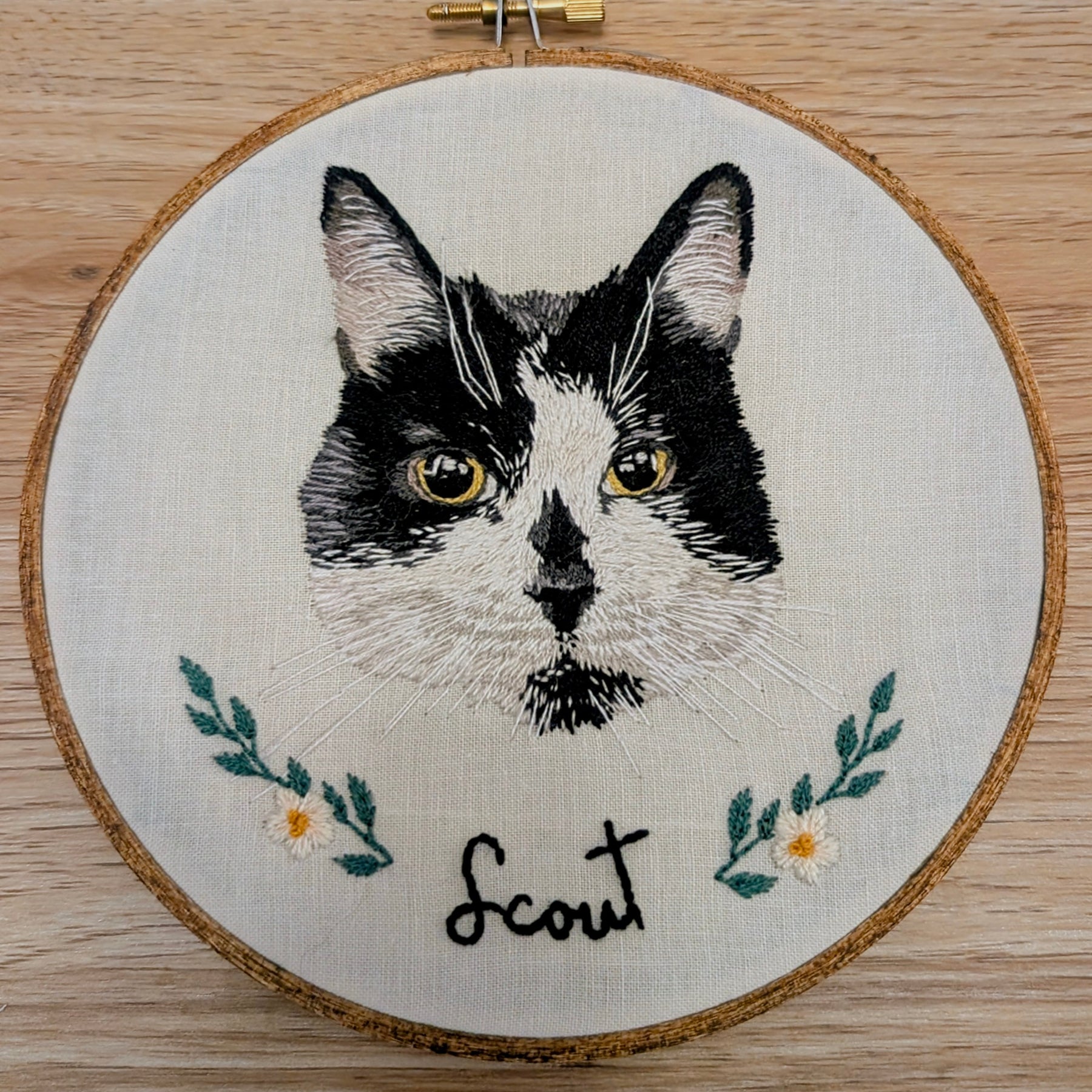 Custom, personalised, hand-stitched pet portrait in full colour