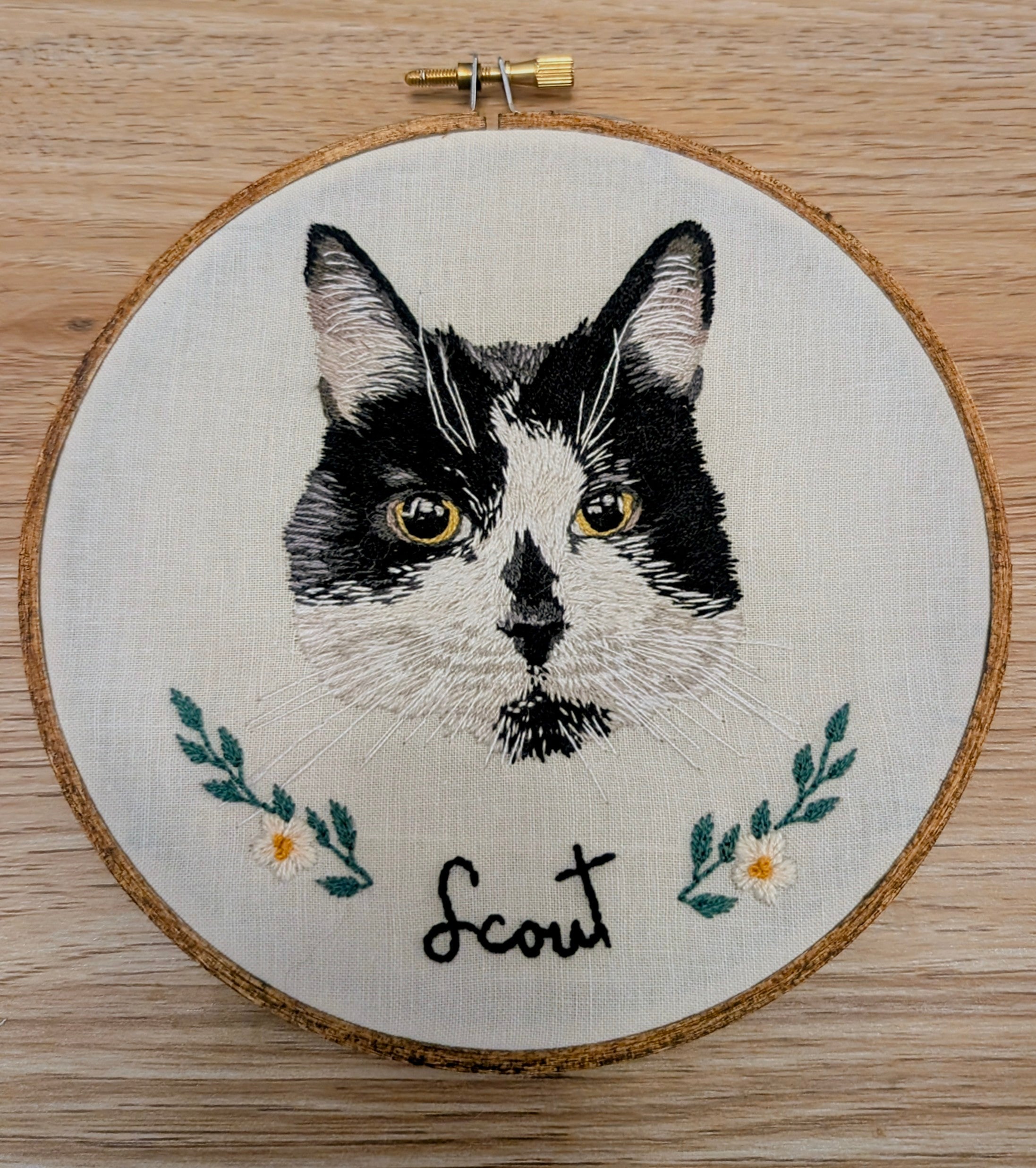 Custom, personalised, hand-stitched pet portrait in full colour