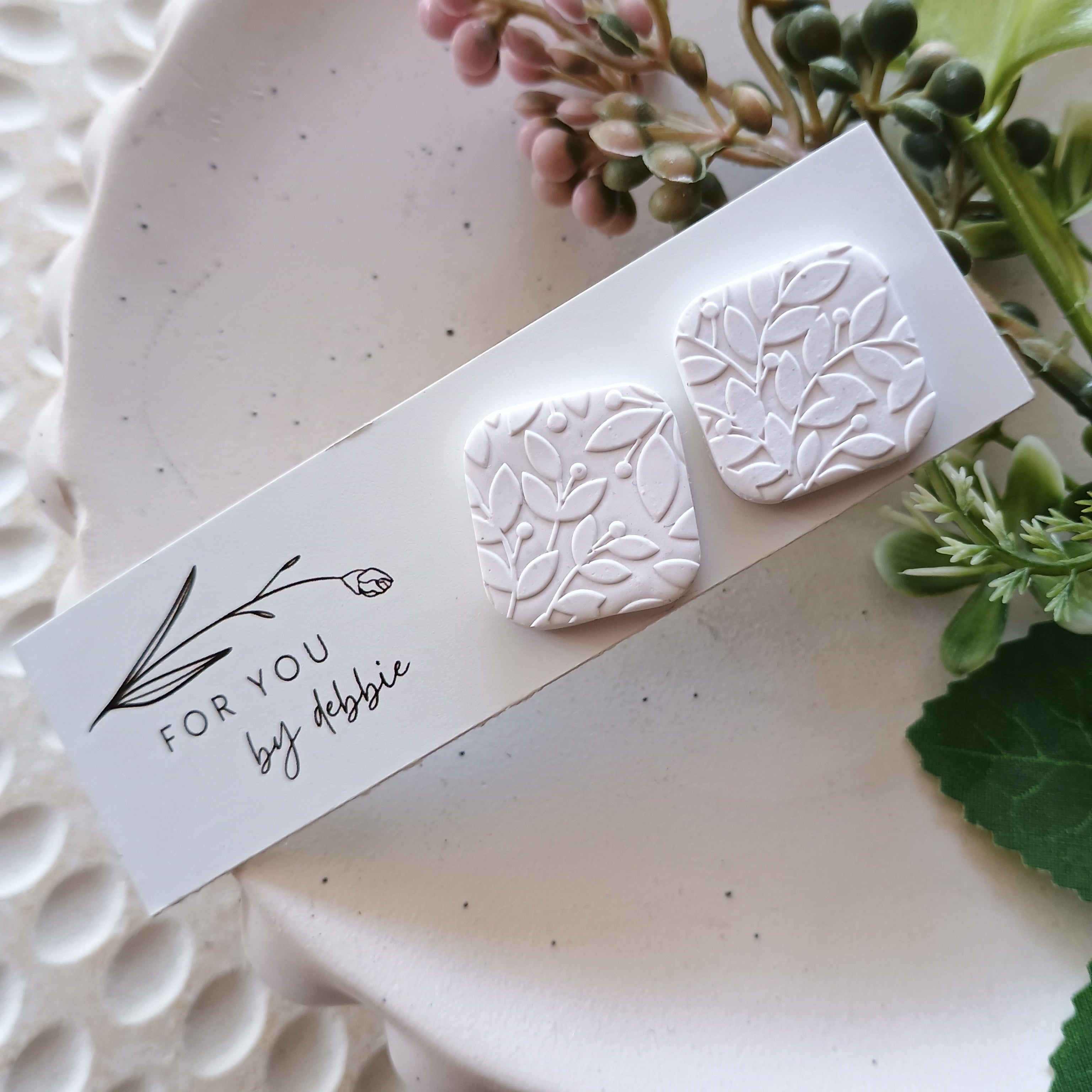Leaf print square stud earrings