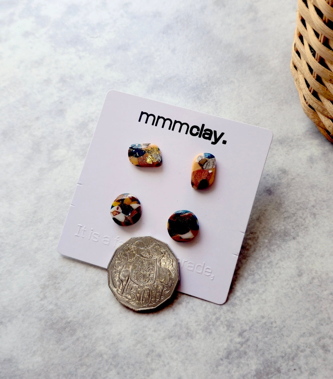 Navy Multicolour Polymer Clay Stud Set | 4 Handmade Earrings