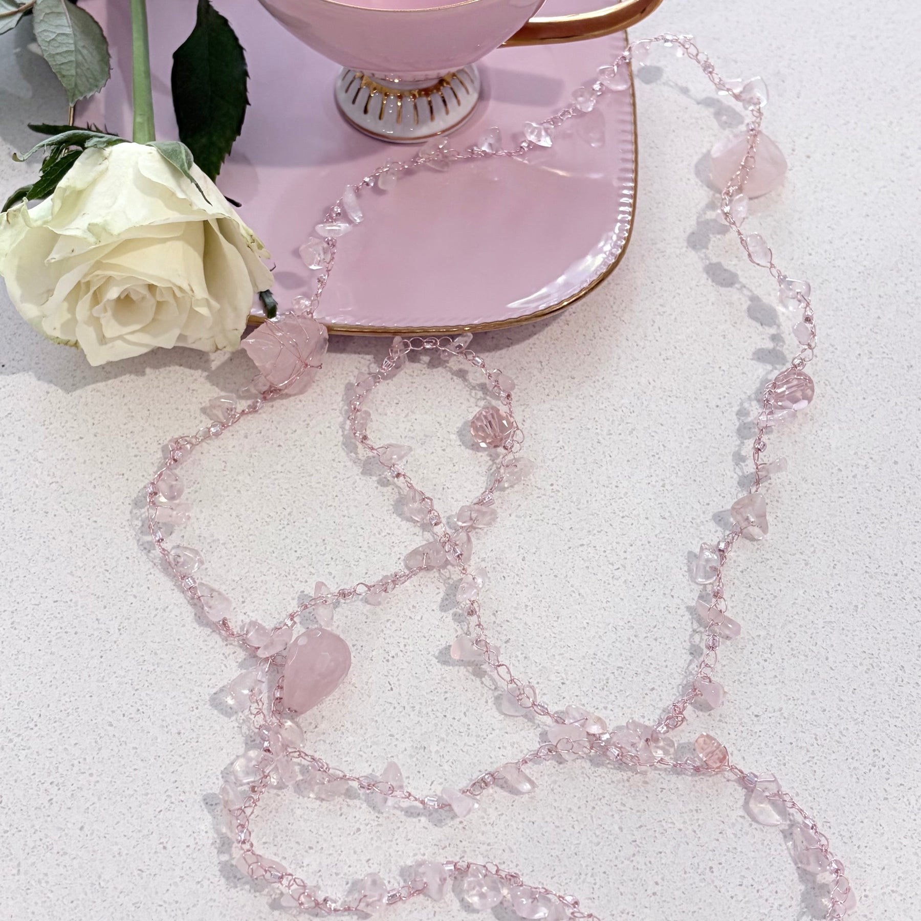 “Candy” Rose Quartz Crochet Necklace