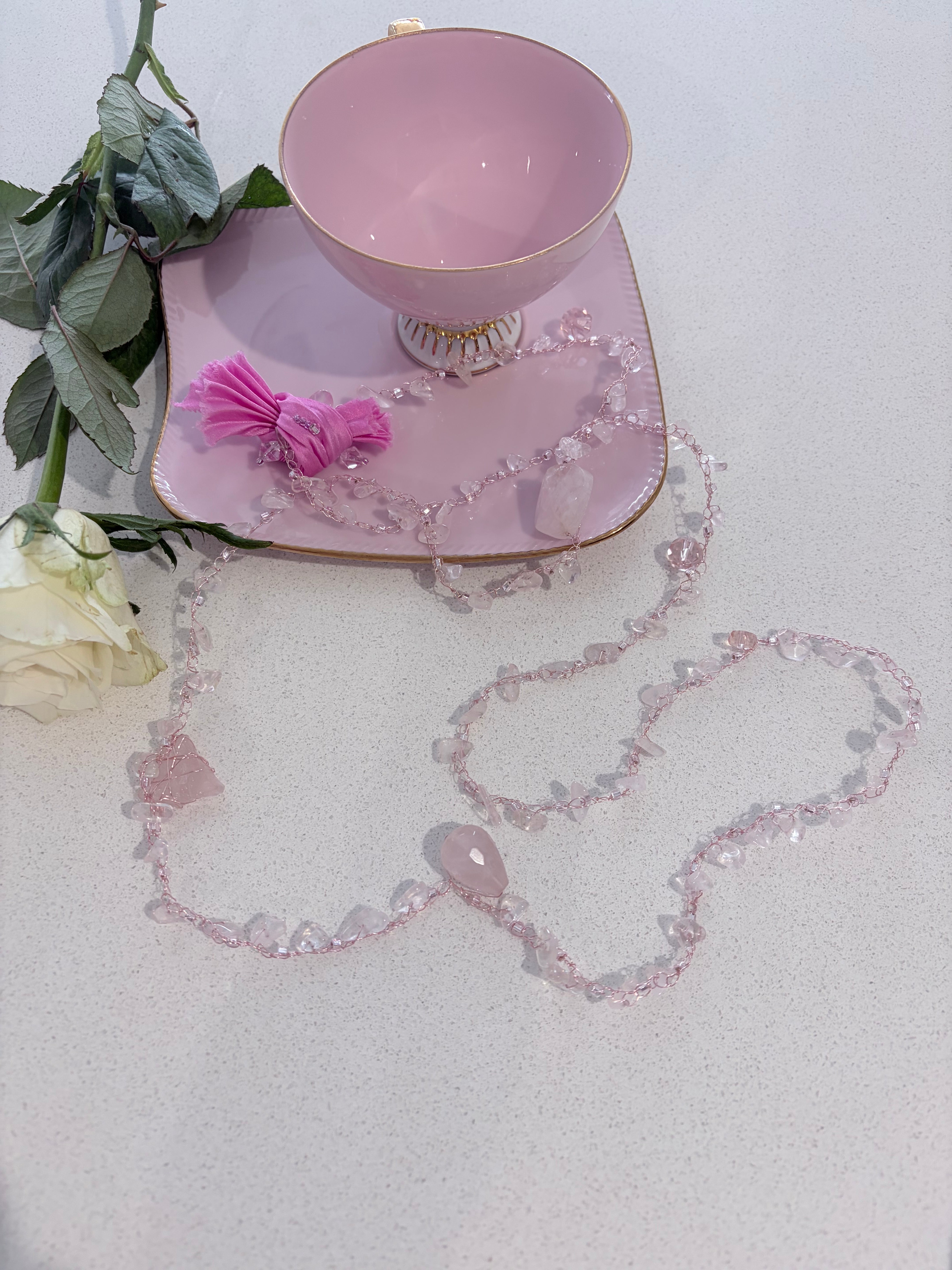 “Candy” Rose Quartz Crochet Necklace