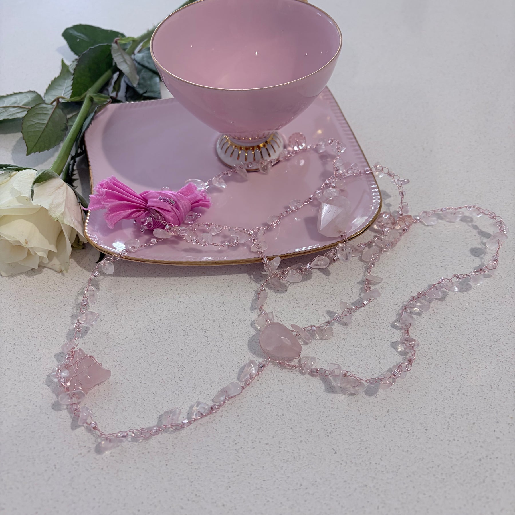 “Candy” Rose Quartz Crochet Necklace