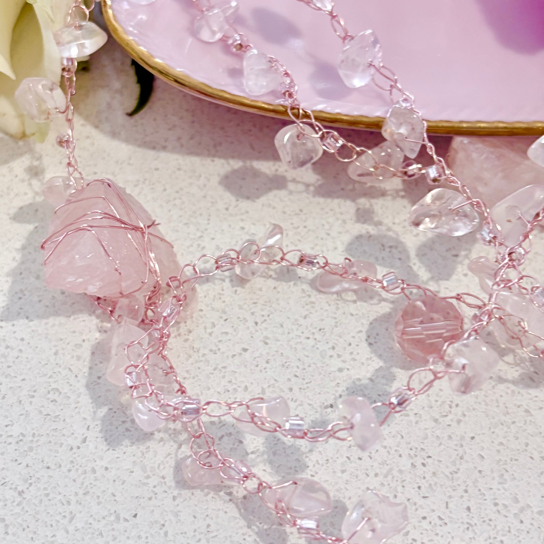 “Candy” Rose Quartz Crochet Necklace