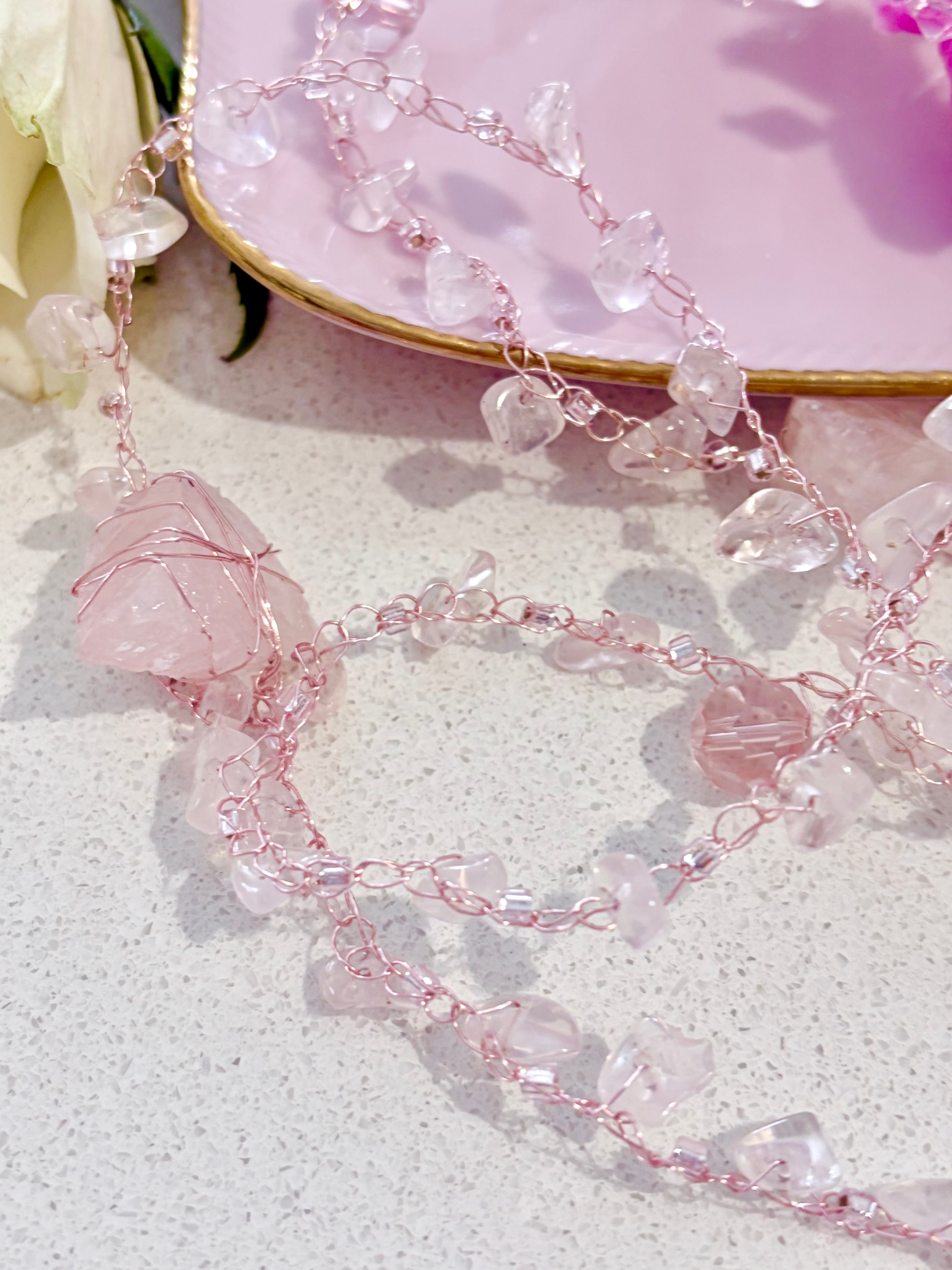 “Candy” Rose Quartz Crochet Necklace