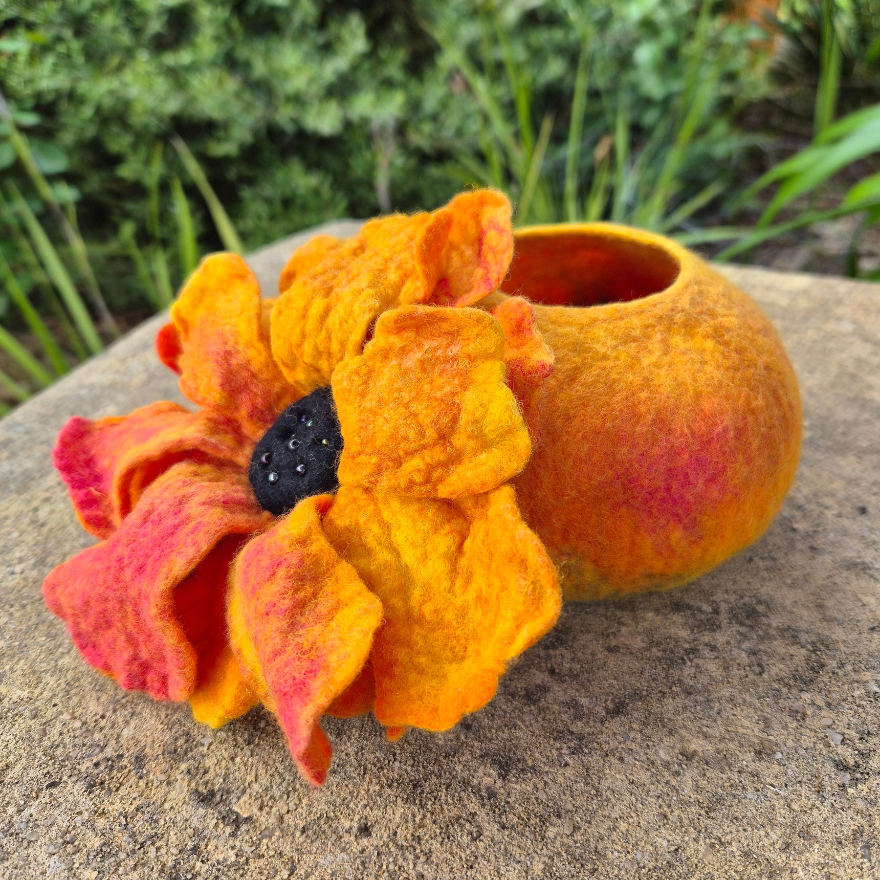 Sunflower Felted Wool Vessel with Flower Lid – Handmade Trinket Bowl