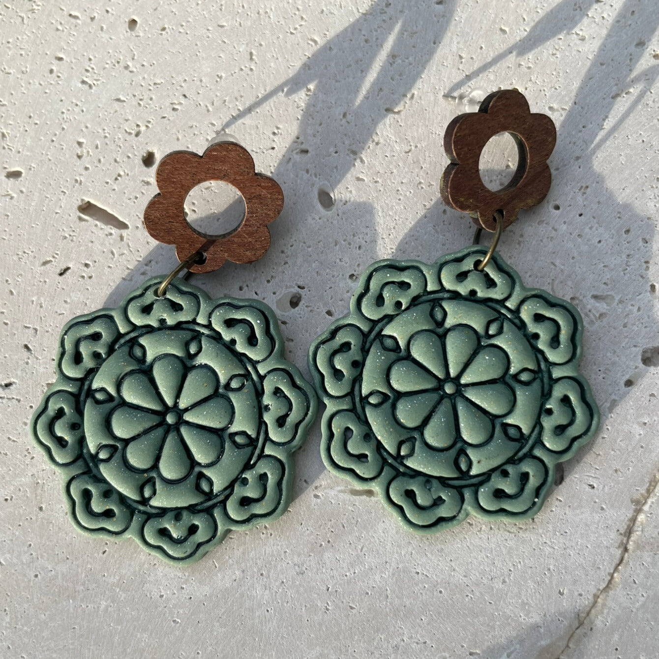 Sage green polymer clay and wood earrings