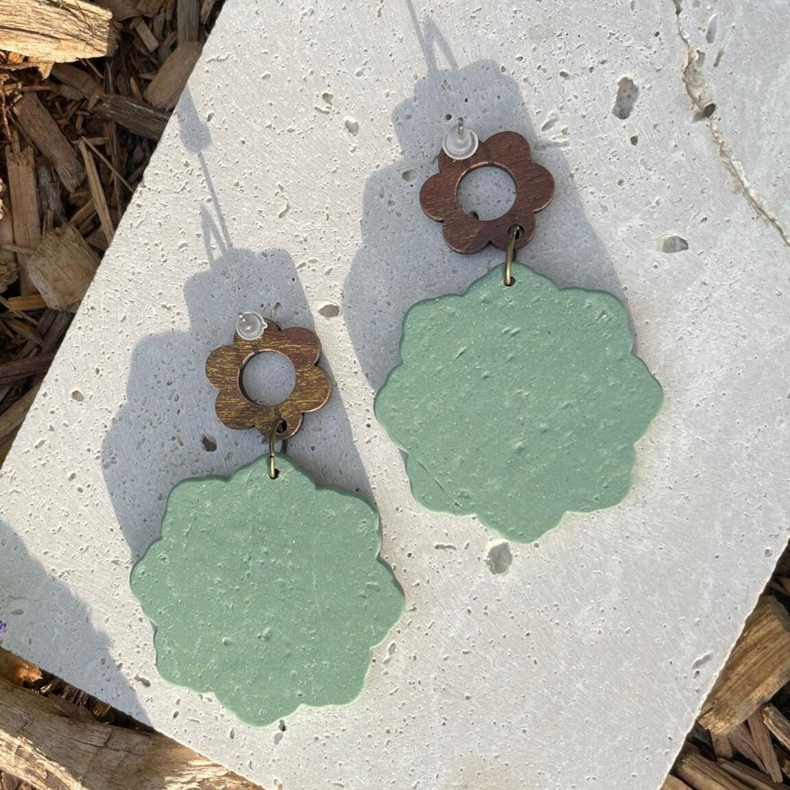 Sage green polymer clay and wood earrings