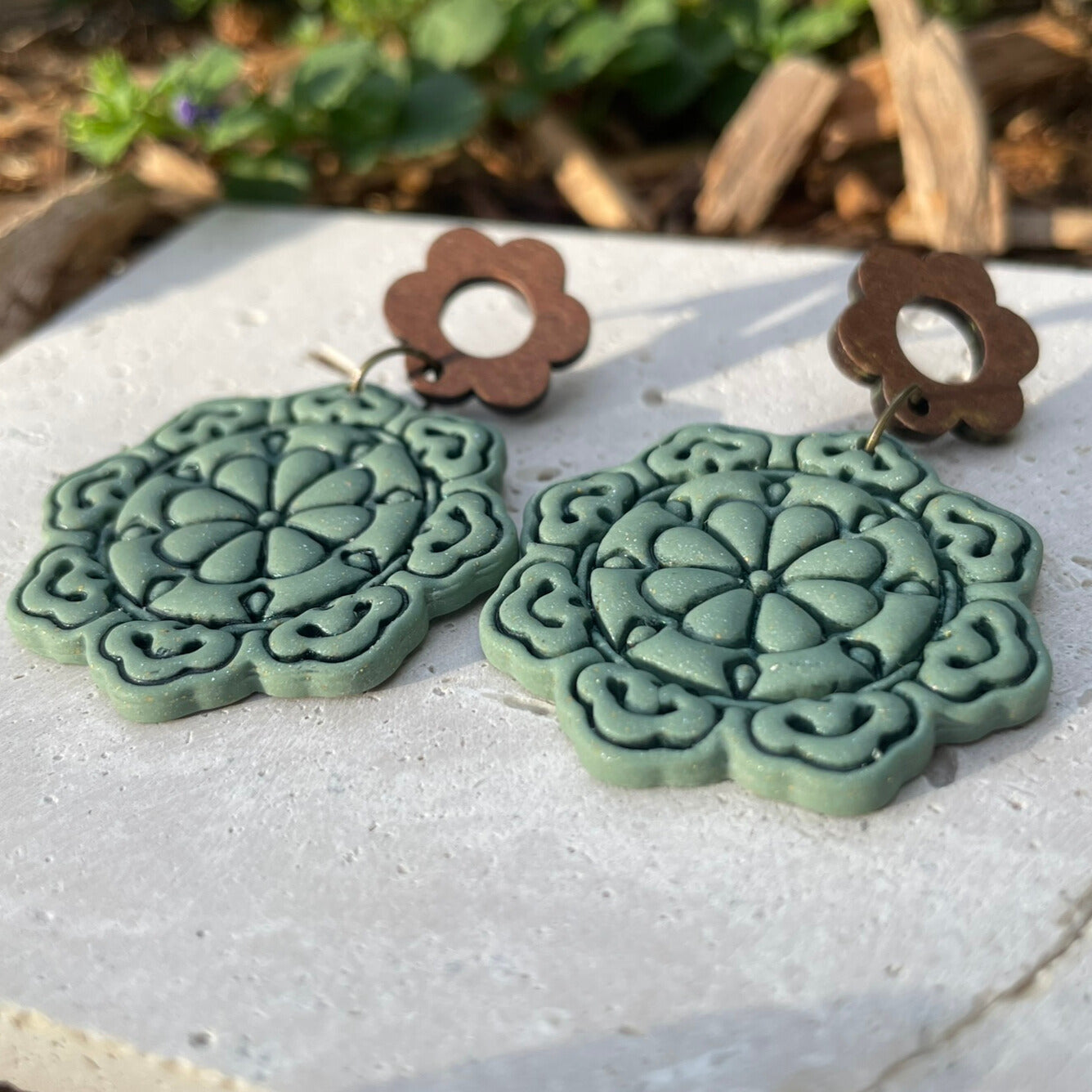 Sage green polymer clay and wood earrings