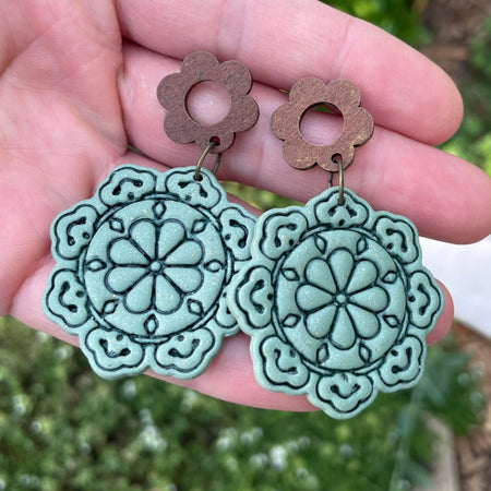 Sage green polymer clay and wood earrings