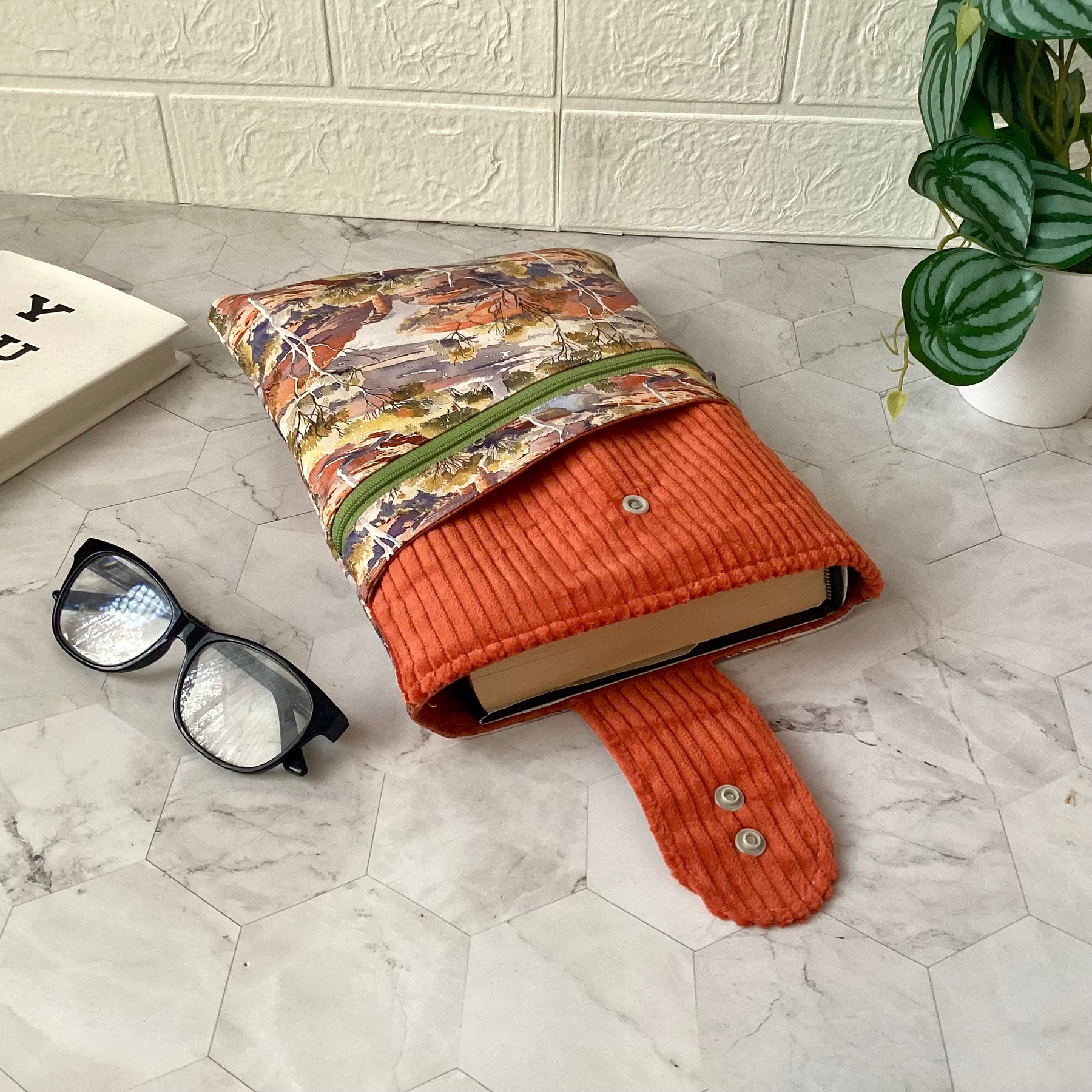 Australian Outback Scene fabric book sleeve with 2 pockets. iPad, tablet pouch