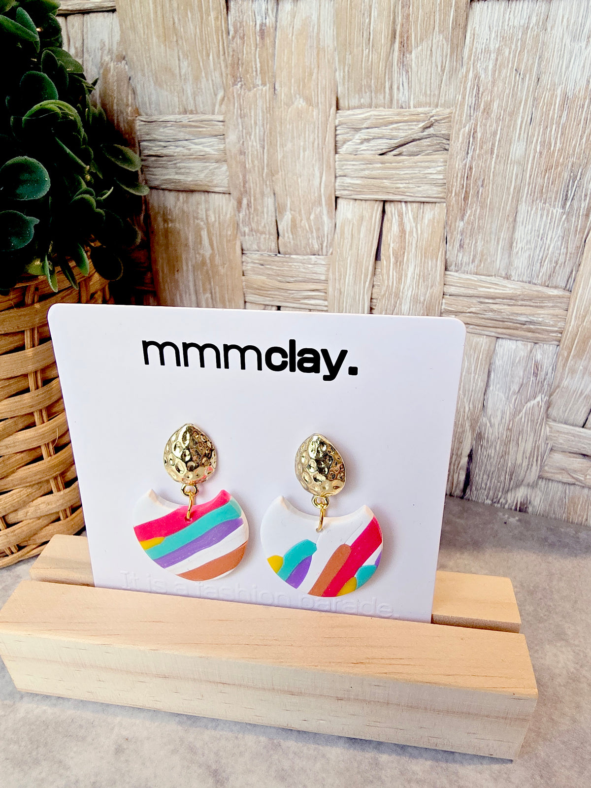 White Rainbow Striped Polymer Clay Drop Earrings