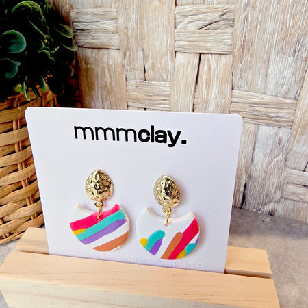 White Rainbow Striped Polymer Clay Drop Earrings