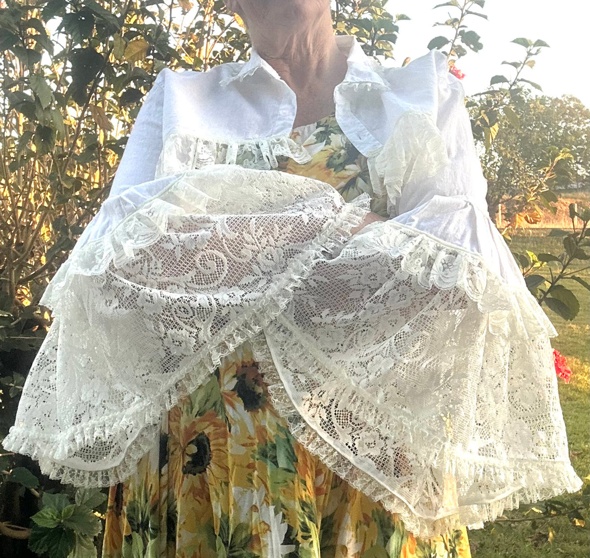 Upcycled White Linen Blend Bolero Sheer Lace Sleeves
