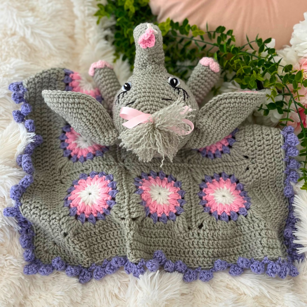 Crochet Elephant Lovey Blanket Miss Ellie, Crochet Elephant Snuggler