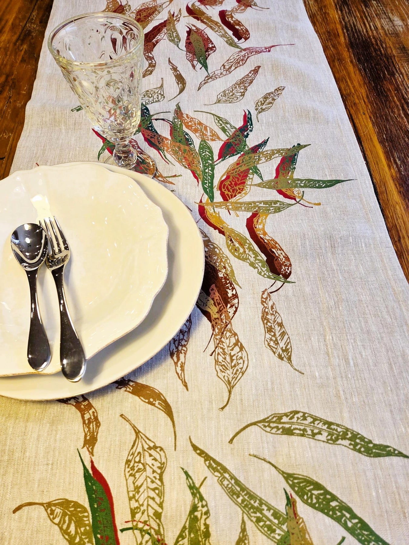 Hand Screen Printed Linen Table Runners-Eucalypt Fallen Leaves