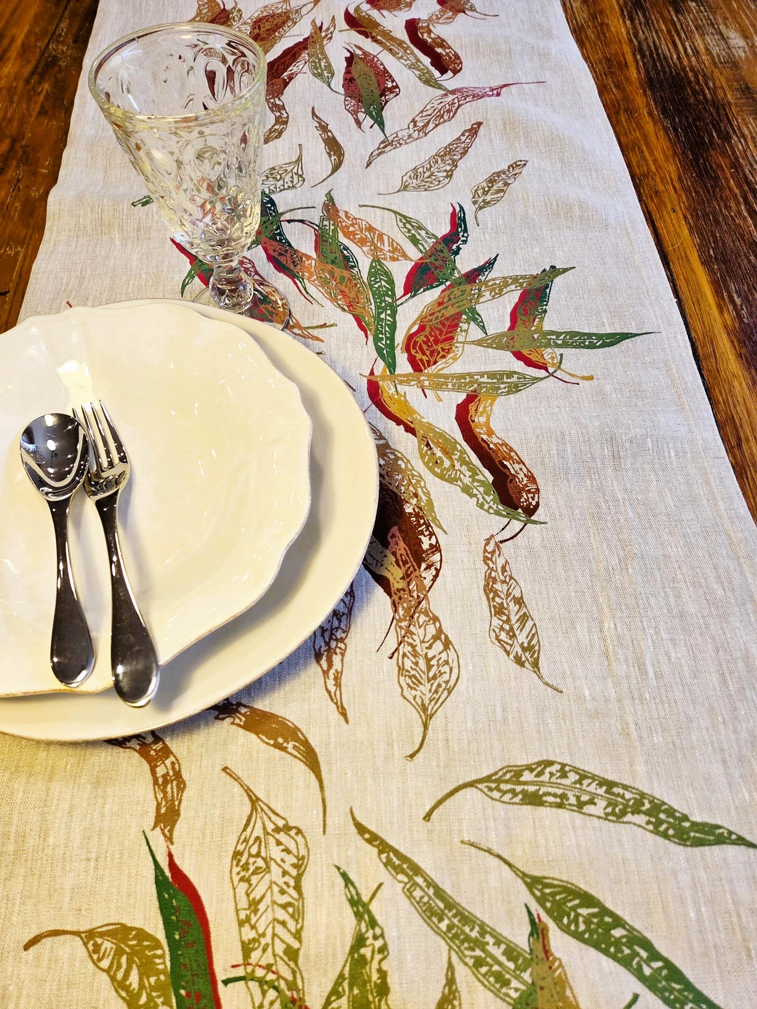 Hand Screen Printed Linen Table Runners-Eucalypt Fallen Leaves