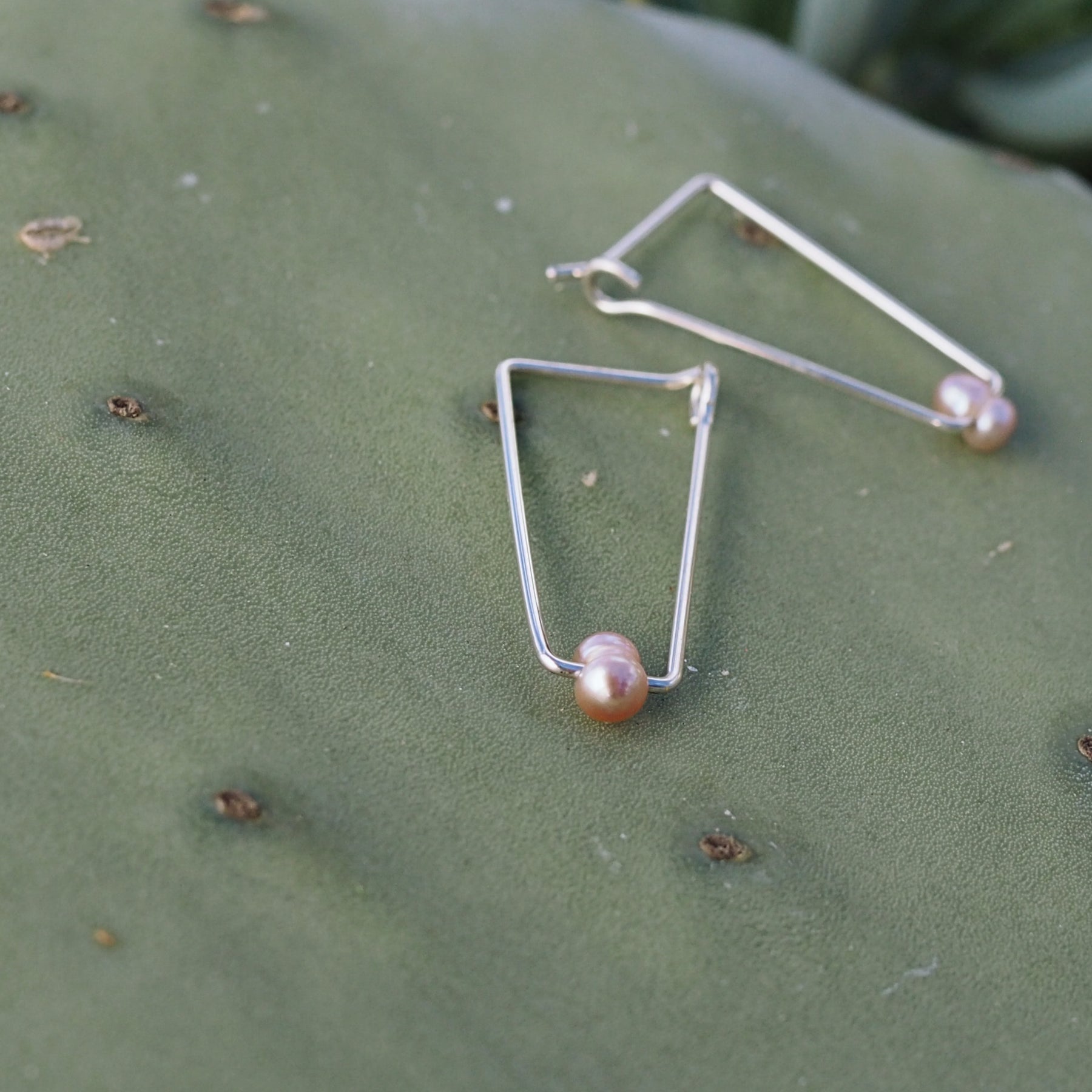 Long Trapeze Hooped Earrings | Sterling Silver | Freshwater Pearls