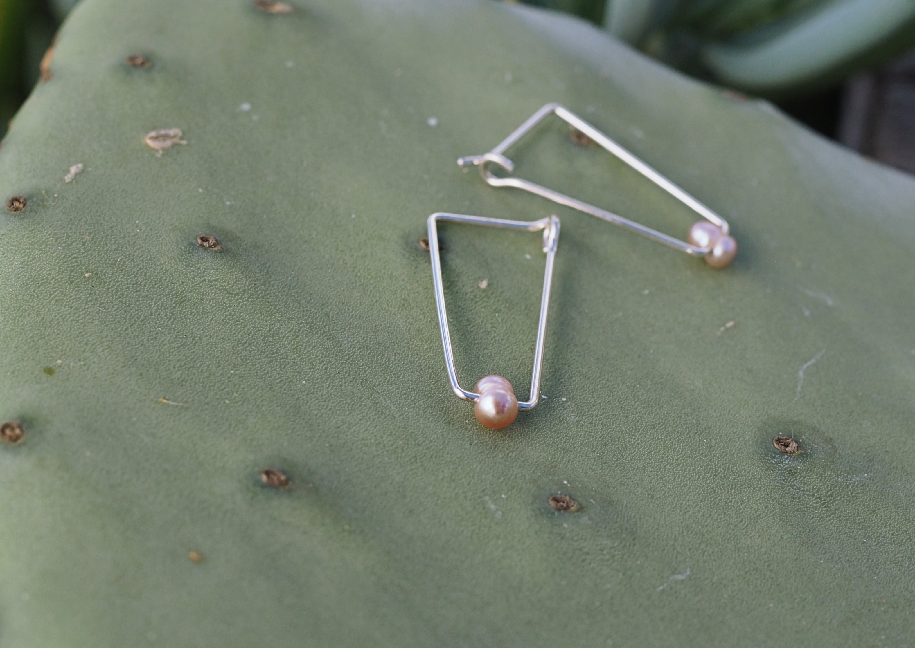 Long Trapeze Hooped Earrings | Sterling Silver | Freshwater Pearls