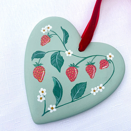 Hand-Painted Ceramic Heart Decoration - Strawberry Blossom