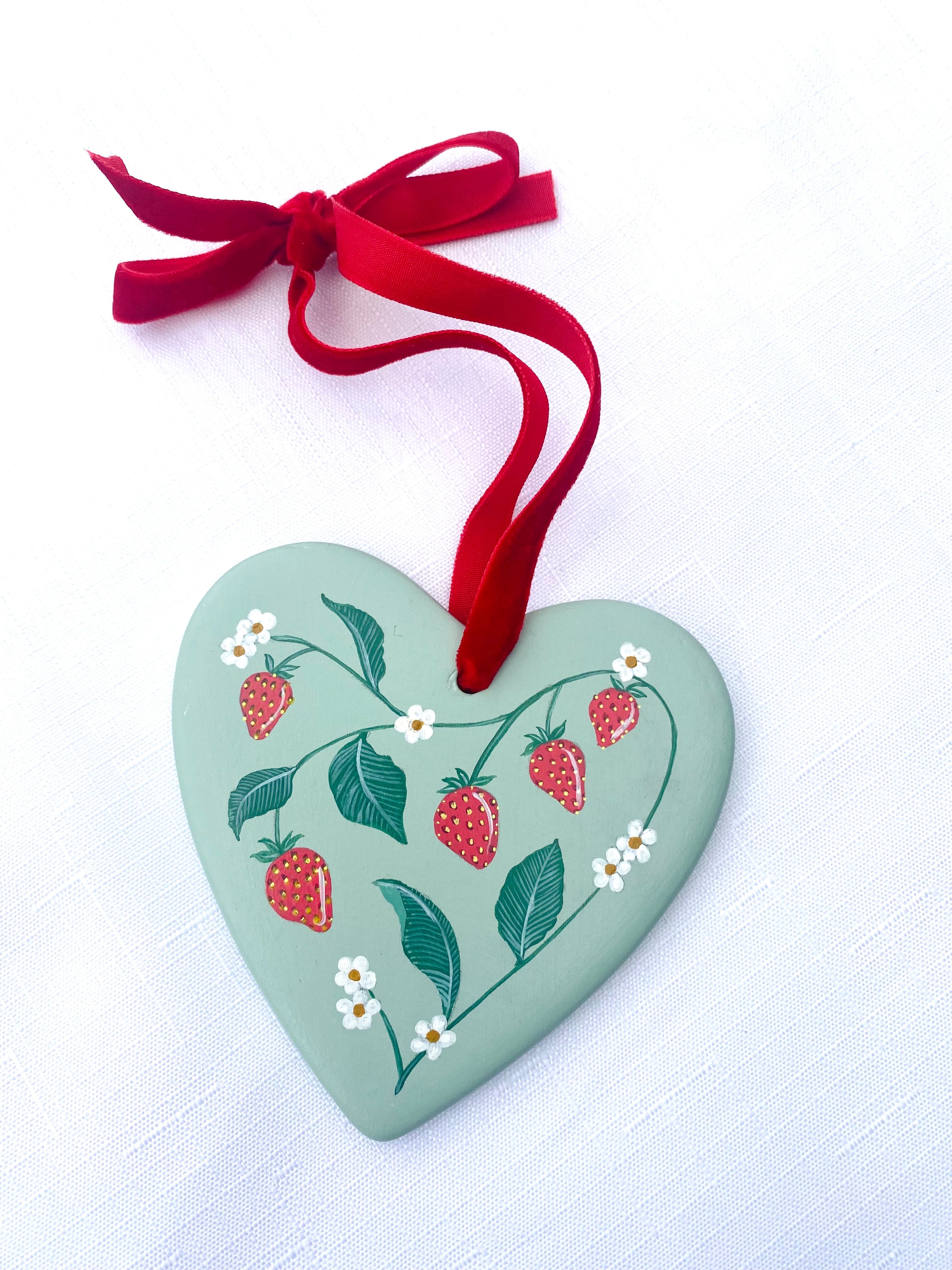 Hand-Painted Ceramic Heart Decoration - Strawberry Blossom