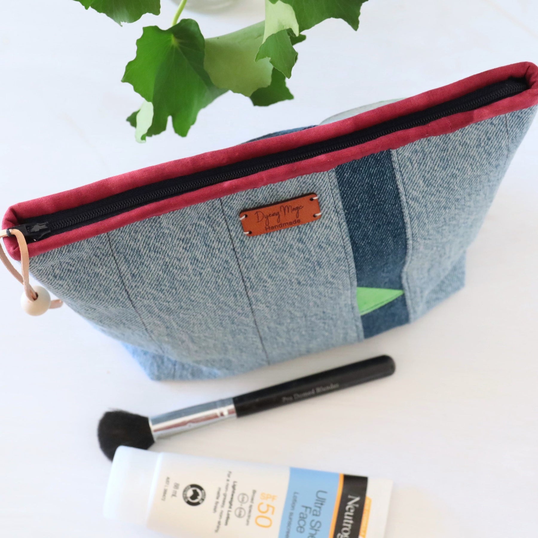 Hand Dyed and Denim Patchwork Zipper Pouch, Makeup Bag