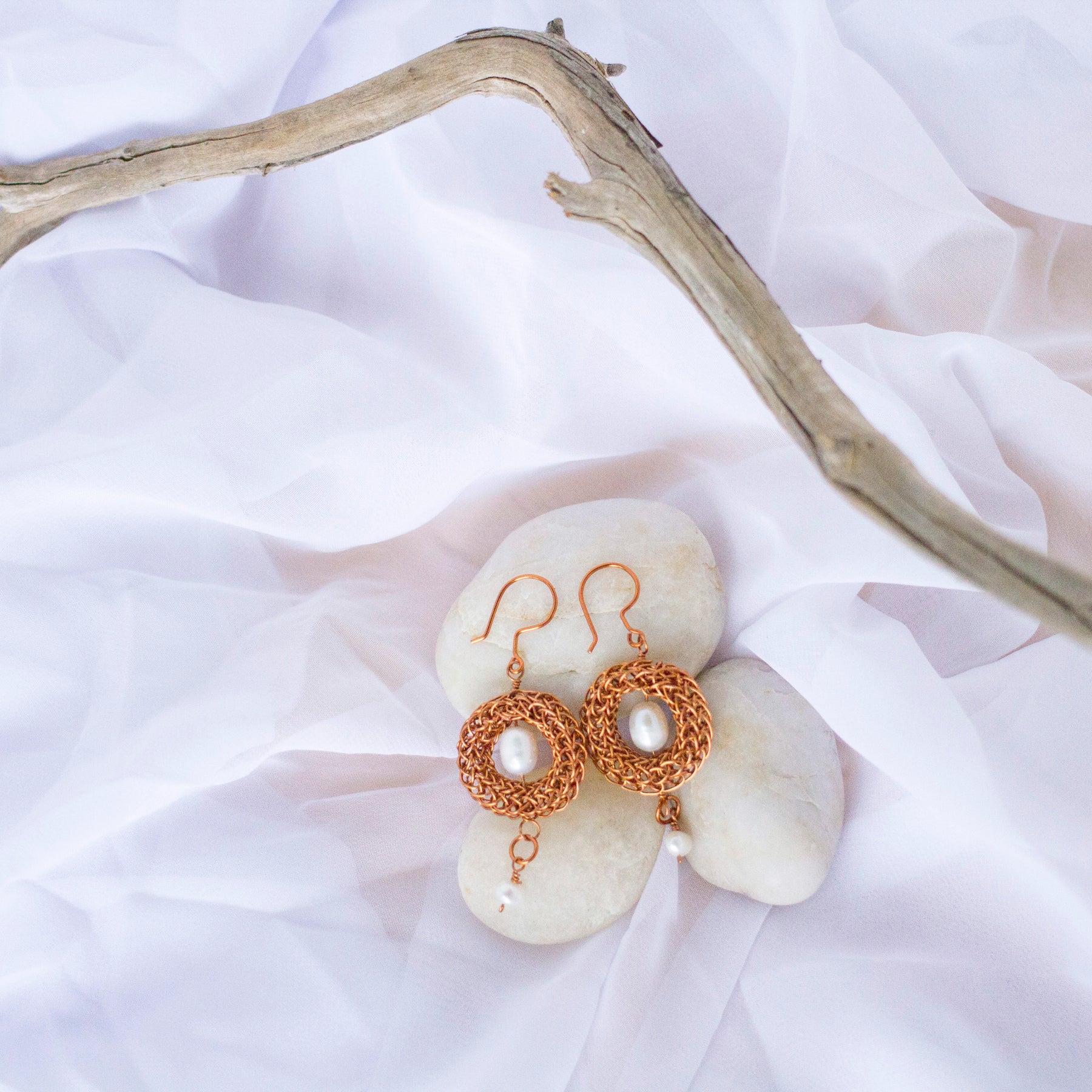 Copper Viking Wire Knit Earrings with Freshwater Pearls