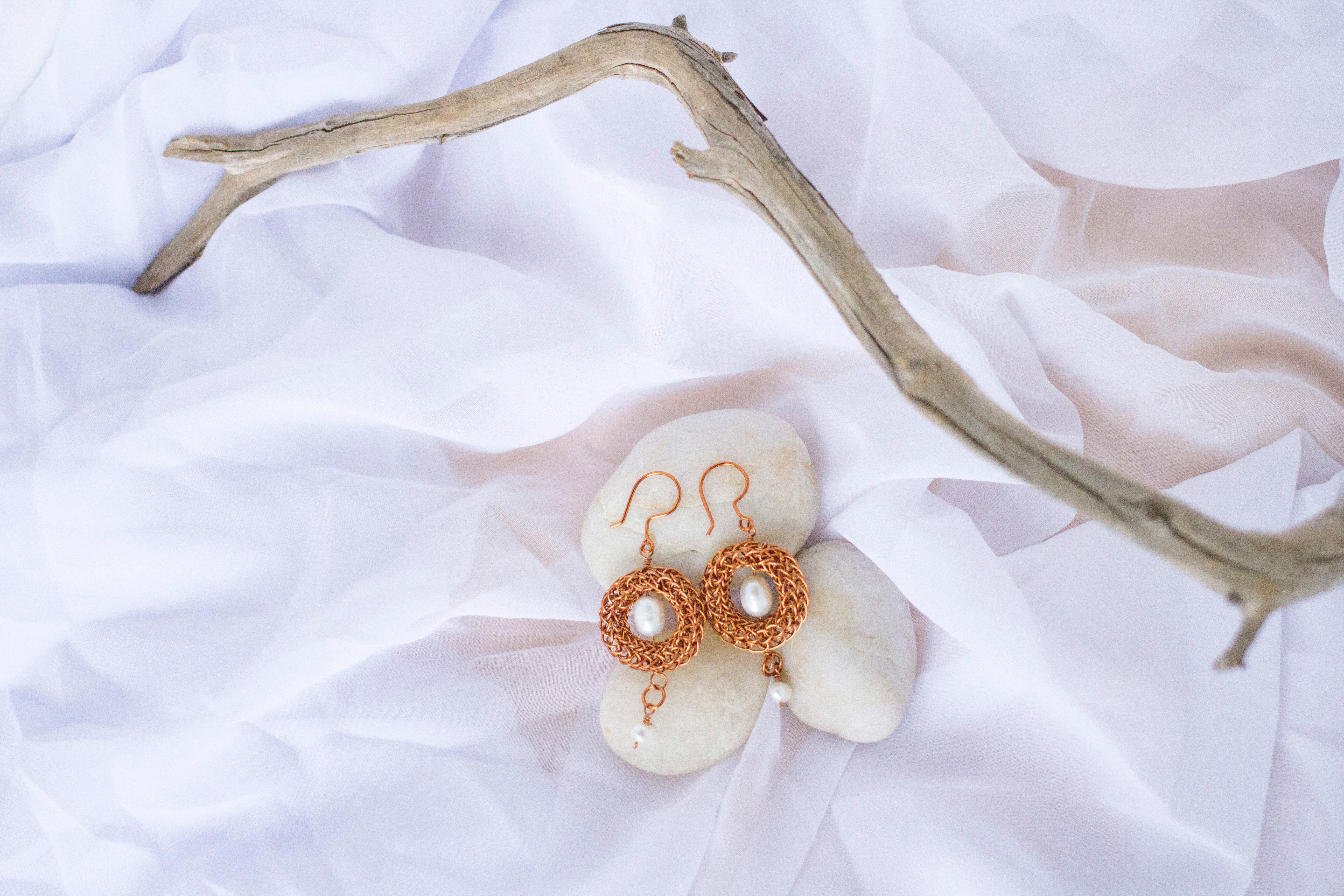 Copper Viking Wire Knit Earrings with Freshwater Pearls