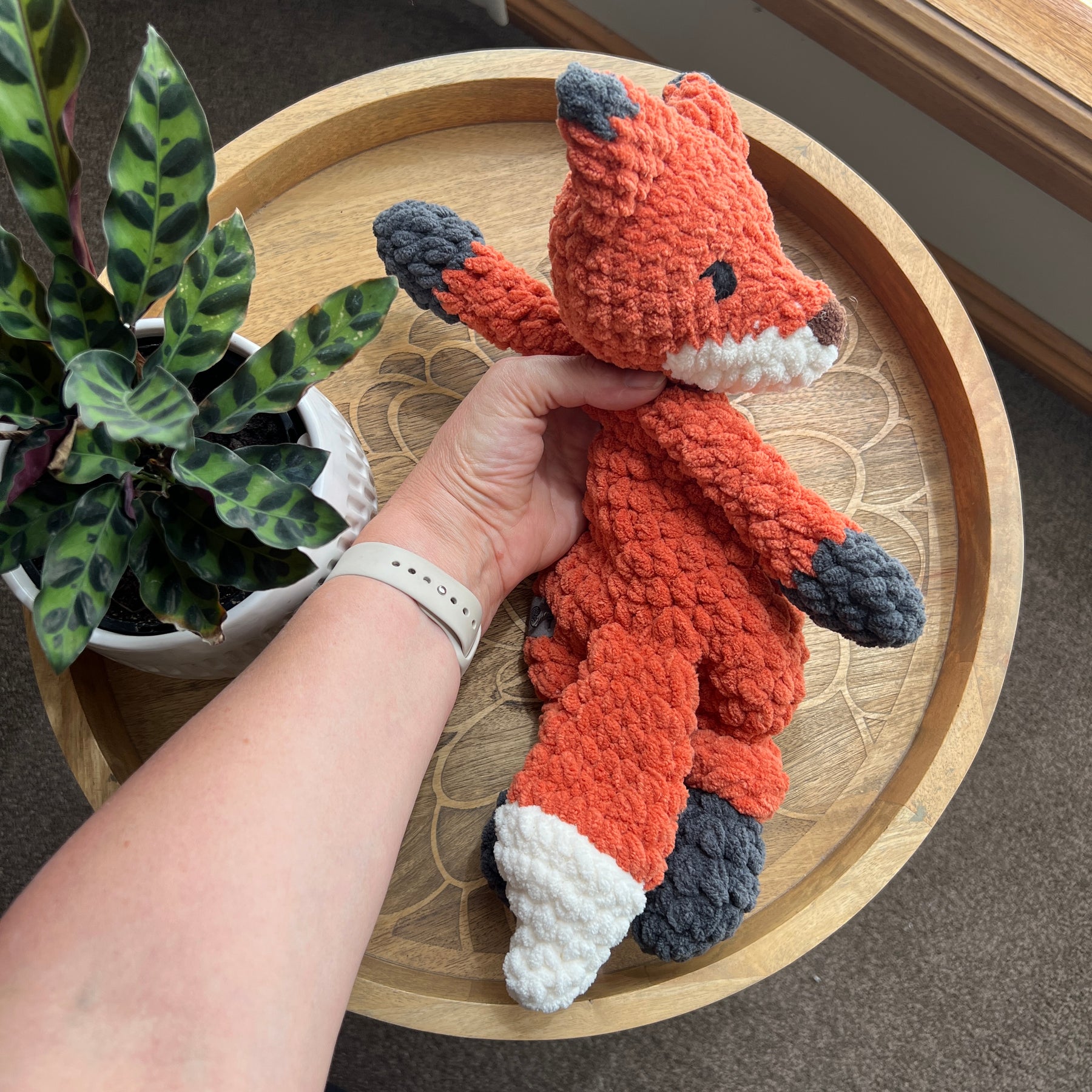 Handmade modern crochet toy Fox lovey snuggler plushie.